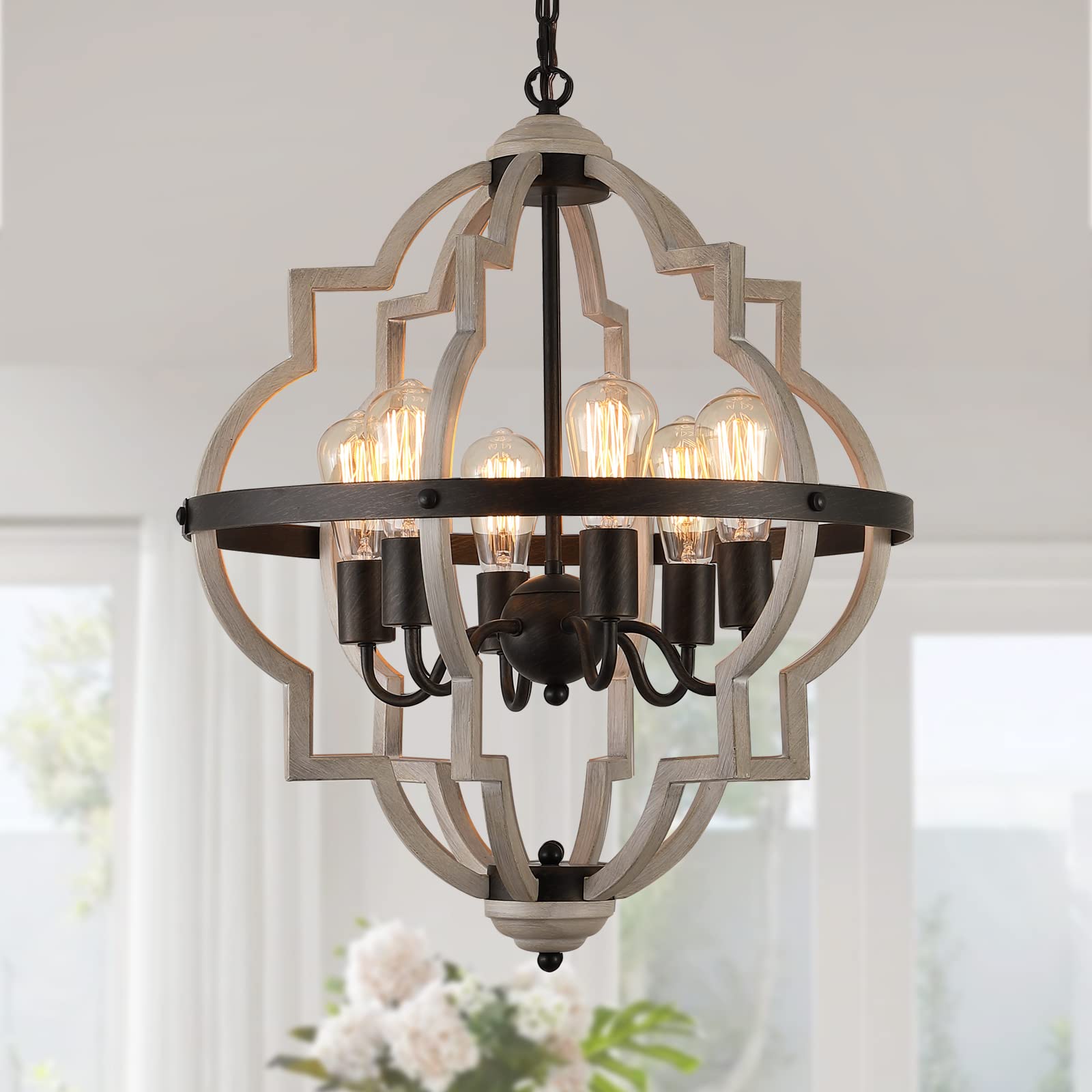 Vintage Farmhouse Rustic Chandelier with ORB and Oak Finish - 6-Light Antique Pendant Lighting Fixture for Kitchen, Dining Room, Living Room, Entryway | UL Listed | Perfect for Cozy Home Decor and Farmhouse Style Interiors