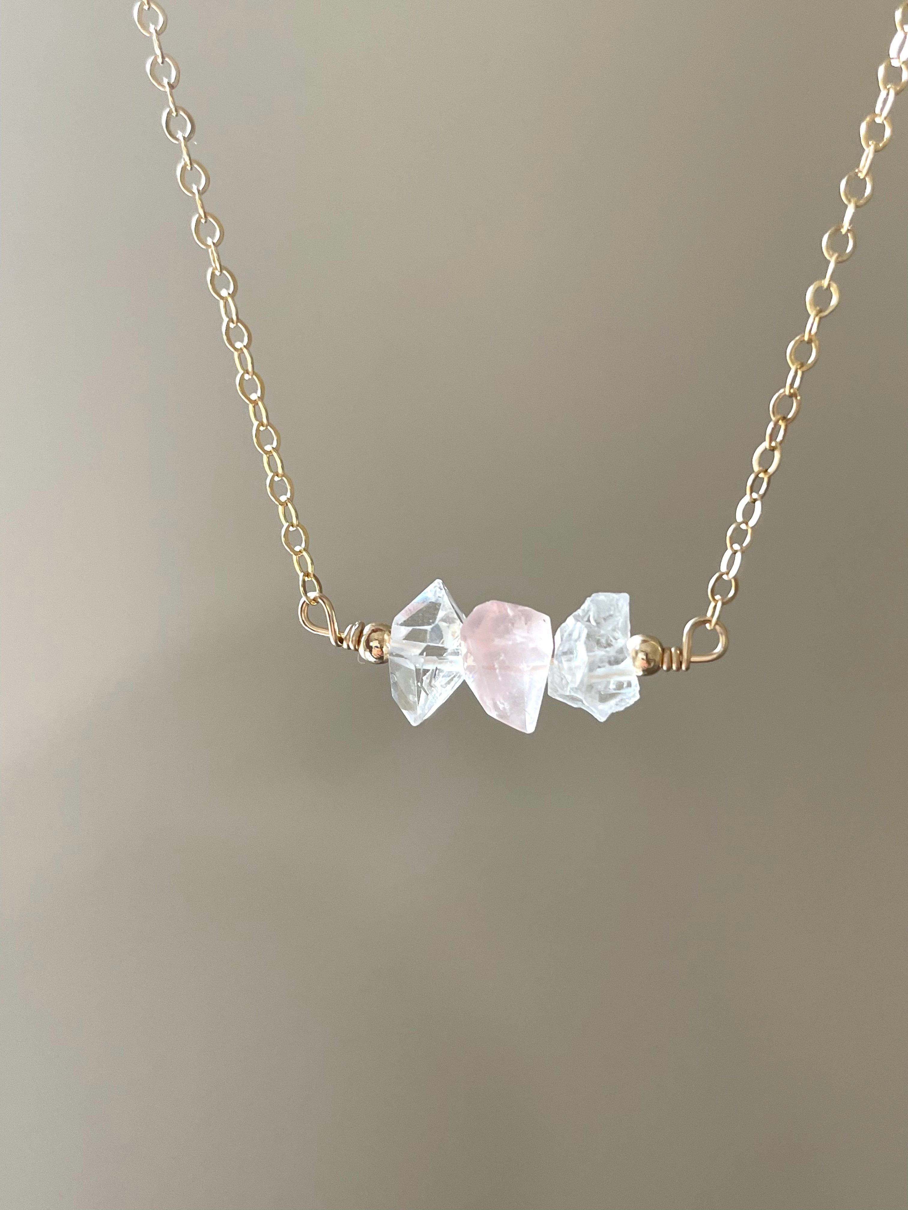 Elegant Feminine Crystal Necklace - Herkimer Diamond, Rose Quartz & Clear Quartz Pendant for Women | Perfect for Weddings, Date Nights & Spiritual Healing