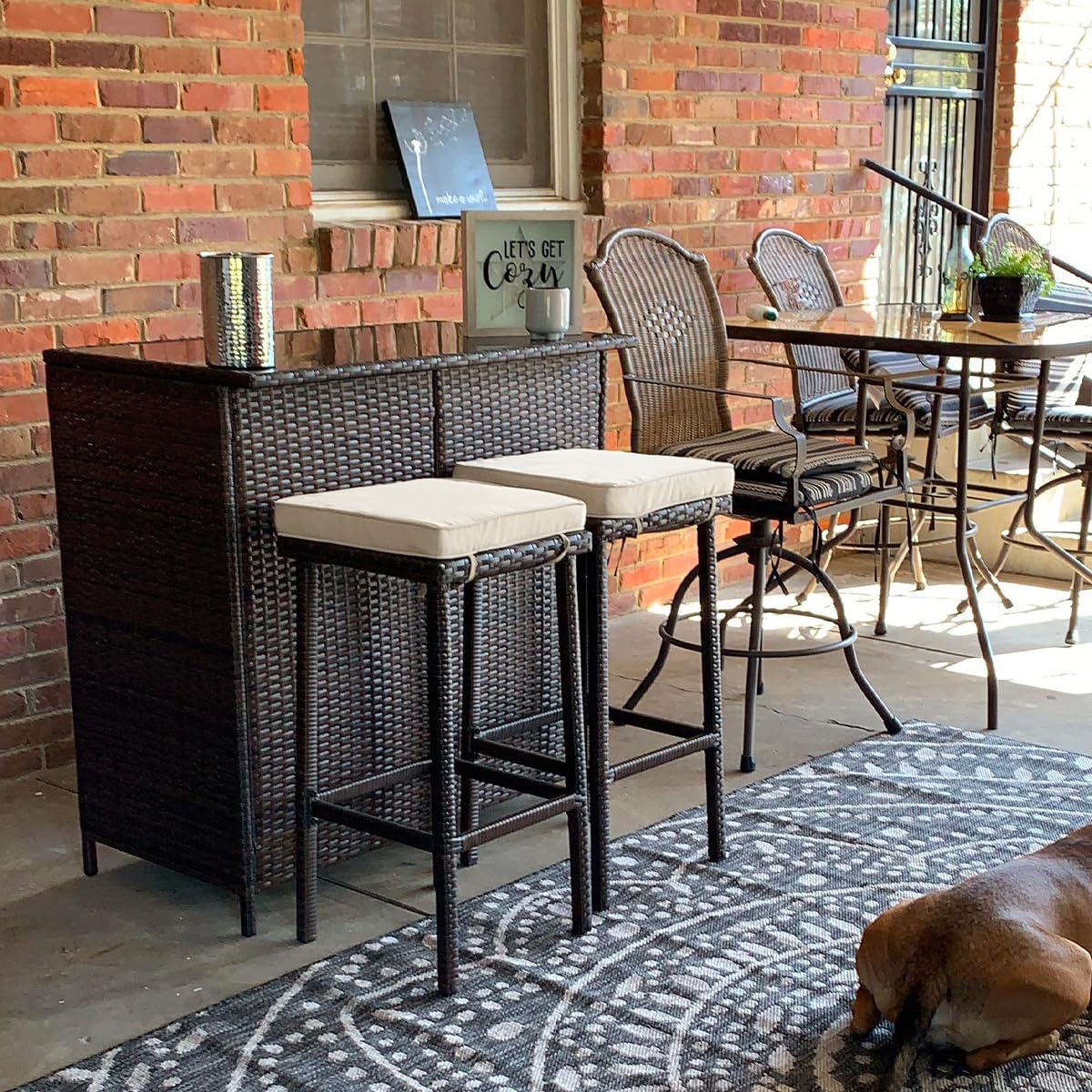 Yaheetech 3-Piece Outdoor Bar Set with 2 Stools - Wicker Patio Furniture with Glass Top Table, Storage Shelves & Cushions - Brown/Khaki - Perfect for Backyard, Garden, Poolside & Outdoor Entertaining