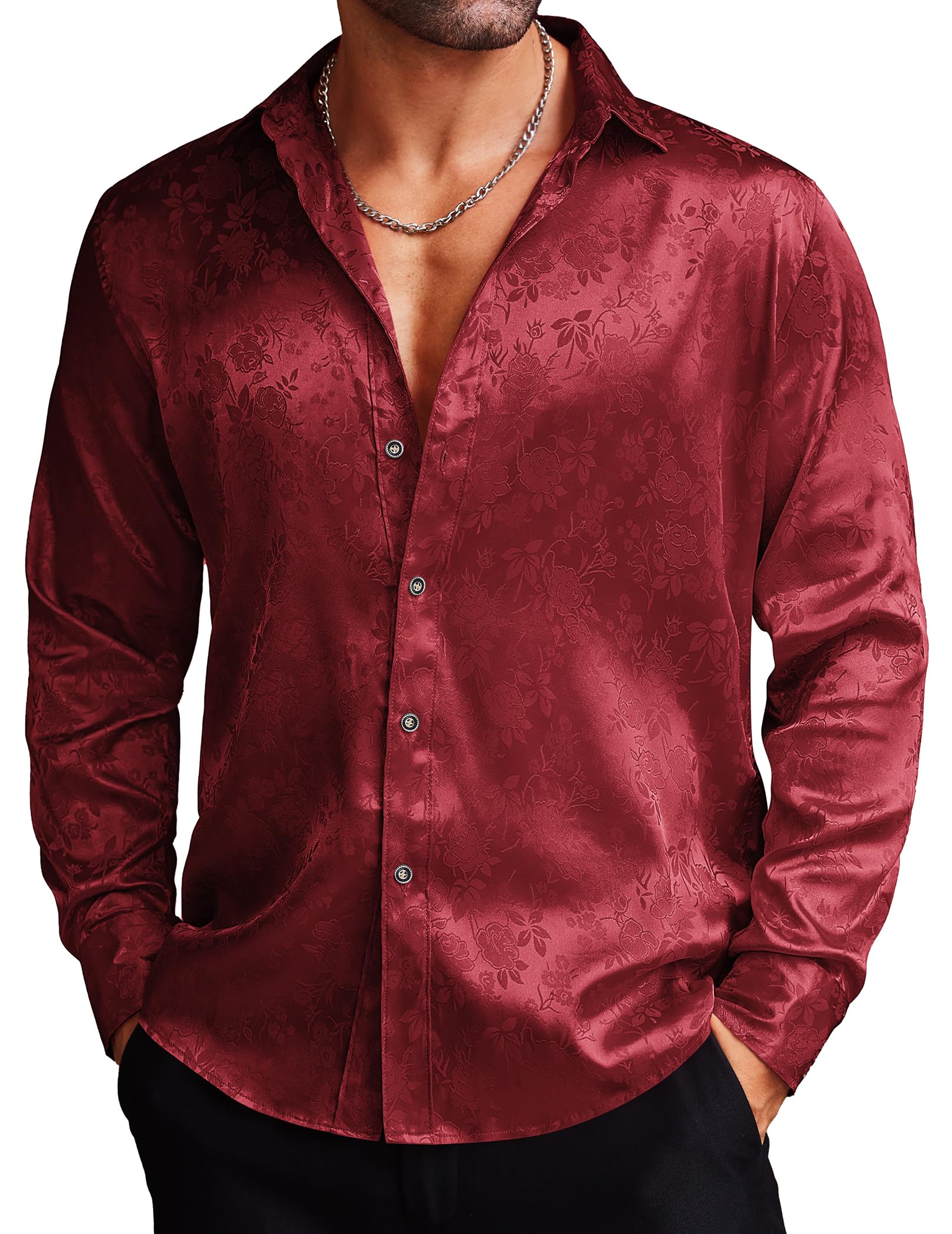 COOFANDY Men's Silk Satin Dress Shirt - Jacquard Long Sleeve Floral Button Up Shirt for Wedding, Prom, Party & Formal Occasions - Elegant Business & Evening Wear