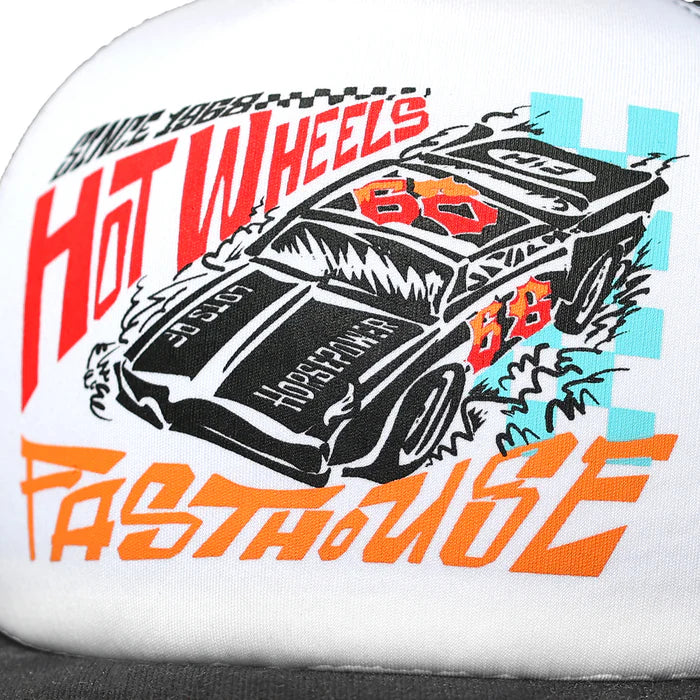 Hot Wheels Speedway Trucker Hat for Men & Women - Adjustable Snapback Cap in White & Black - Perfect for Racing Fans, Car Enthusiasts & Outdoor Activities