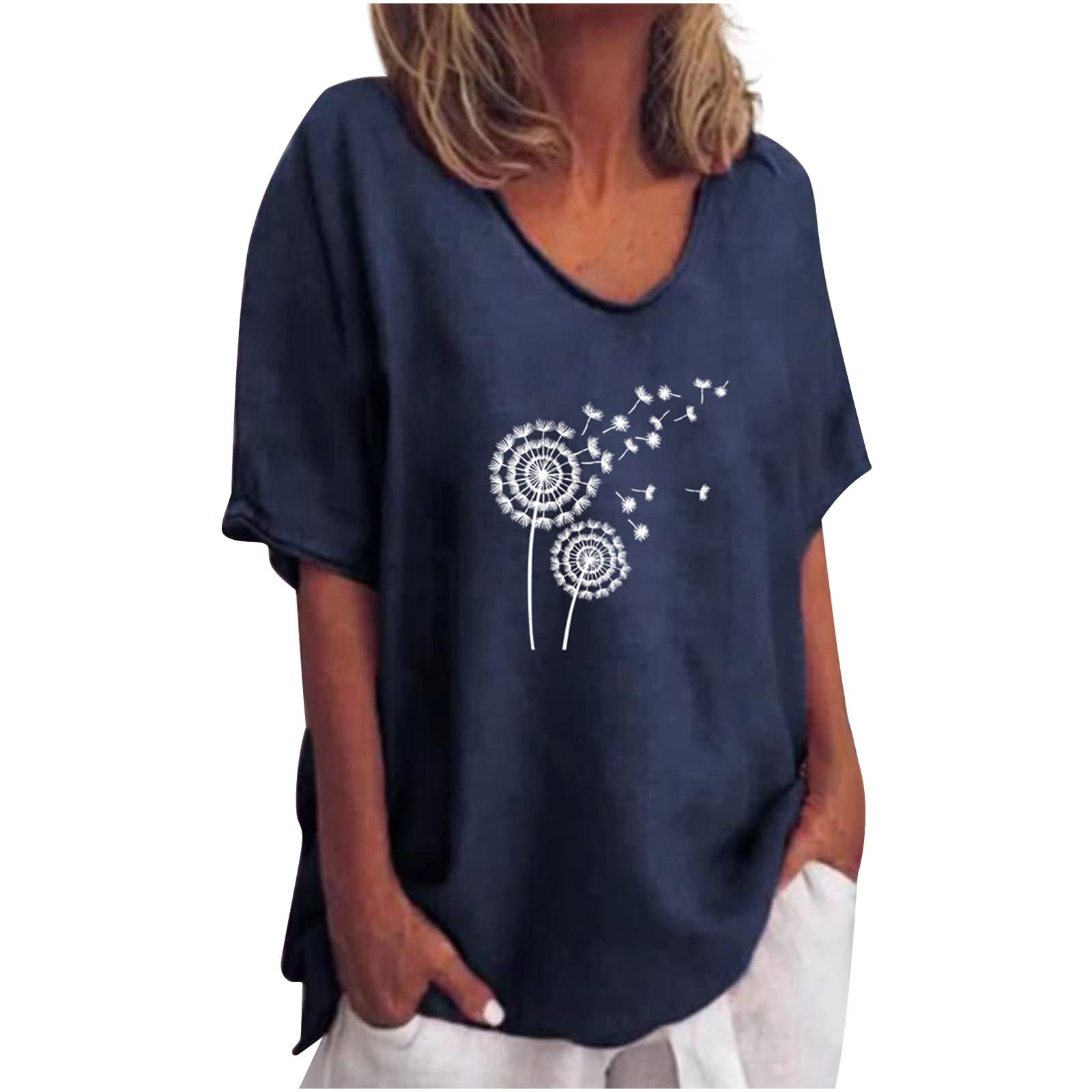 Women's Summer Linen T-Shirts - Casual Short Sleeve Crewneck Blouses with Fashion Print, Loose Fit Tunic Tops for Comfort & Style | Perfect for Office Wear, Weekend Outings & Summer Vacations