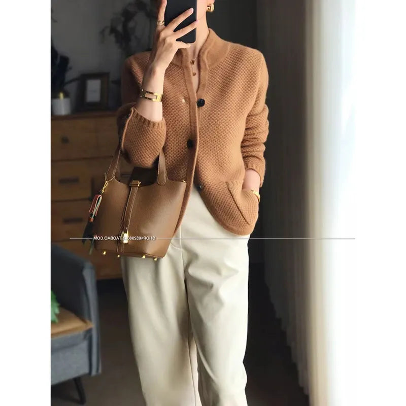 Women's 100% Cashmere Wool Cardigan - Thick Winter Stand Neck Loose Knit Sweater Jacket | Cozy Fall & Winter Layering for Office & Casual Outfits