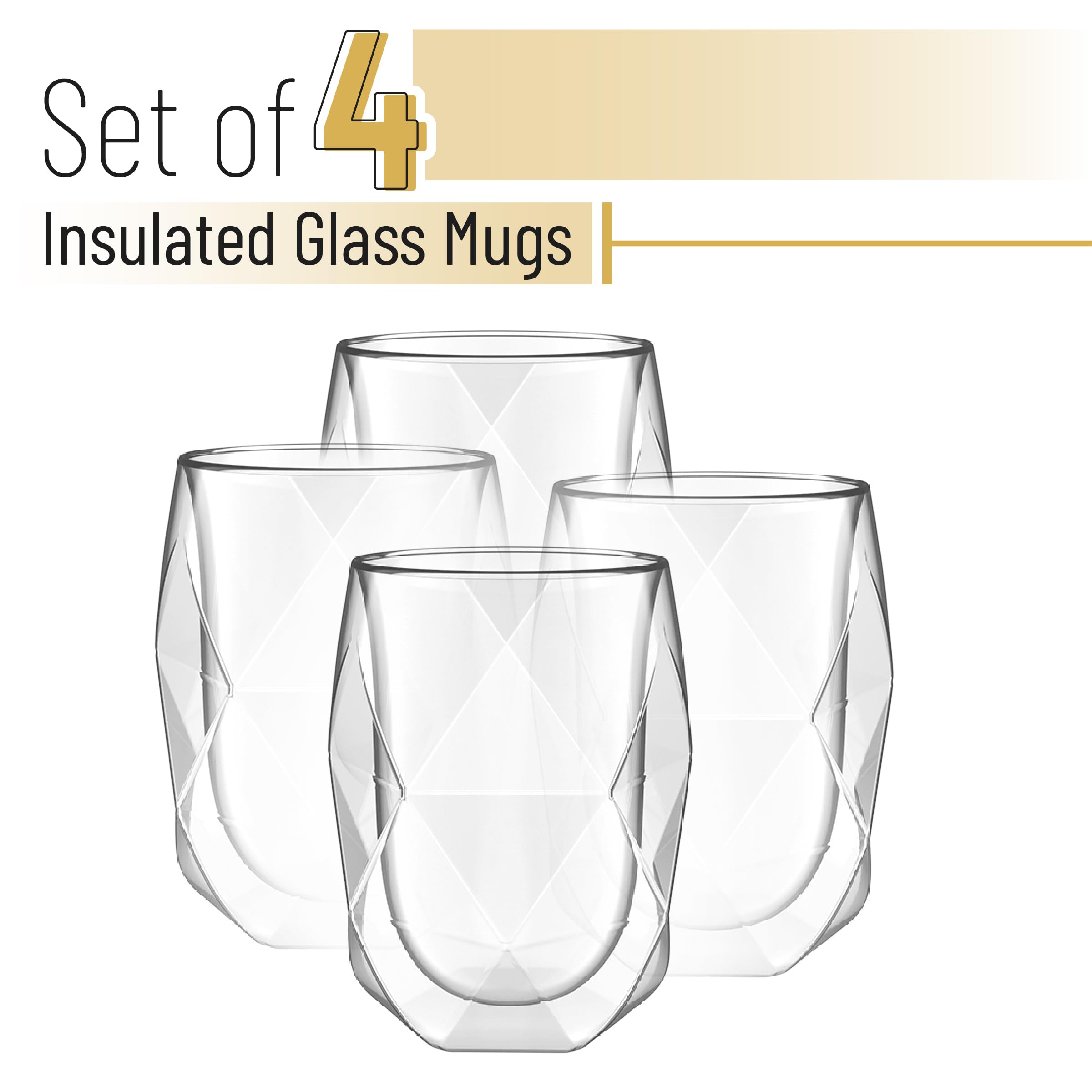 BTaT- 12oz Double Wall Insulated Glass Coffee Mug Set of 4 - Diamond Shape Clear Cups for Hot & Cold Drinks - Perfect for Coffee, Tea, Latte at Home, Office or Travel