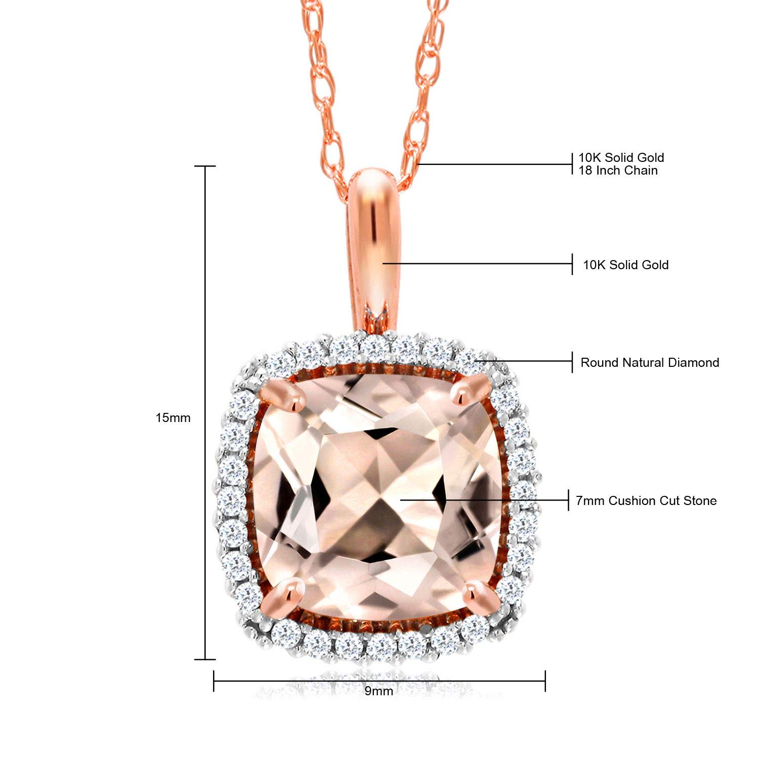 10K Rose Gold Gemstone Birthstone & White Diamond Halo Pendant Necklace for Women - Cushion Cut 7MM with 18 Inch Chain | Elegant Jewelry Gift for Birthday, Anniversary & Special Occasions