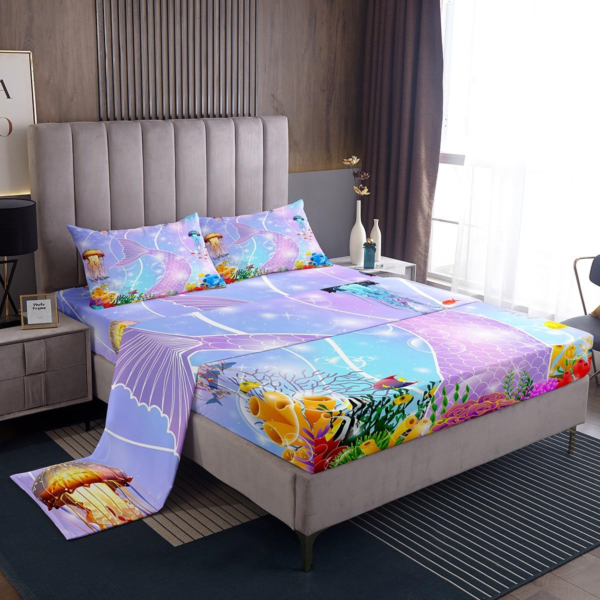 Erosebridal Mermaid Tail Twin Sheet Set for Kids - 3D Ocean Life Sea Animal Printed Soft Microfiber Bedding with Fitted & Flat Sheets - Perfect for Girls Bedroom Decor, Rainbow Gradient Mermaid Theme Room Design - Ideal for Sleepovers, Themed Parties & Fantasy Bedroom Makeovers