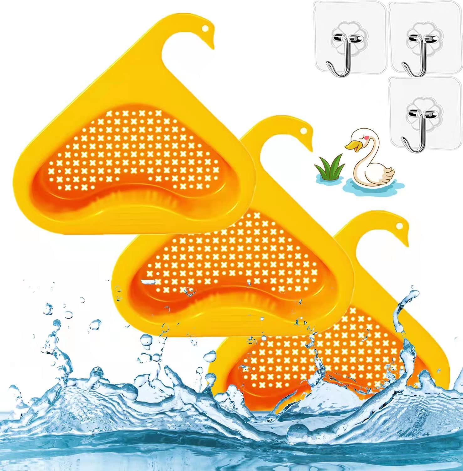 **3-Pack Yellow Swan Drain Basket for Kitchen Sink – Transparent Hook, Multi-Function Sink Filter, Water Storage & Drain Rack – Hangs from Faucet – Perfect for Washing Dishes, Fruits & Vegetables**