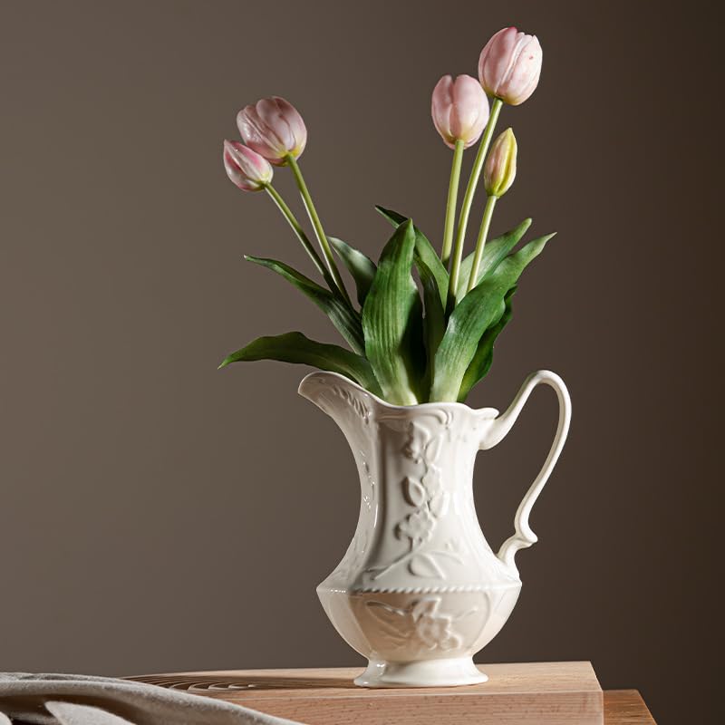 White Ceramic Pitcher - Elegant Home Decor Flower Vase & Water Jug for Kitchen, Dining Table, and Wedding Centerpieces | Perfect for Floral Arrangements and Rustic Farmhouse Style