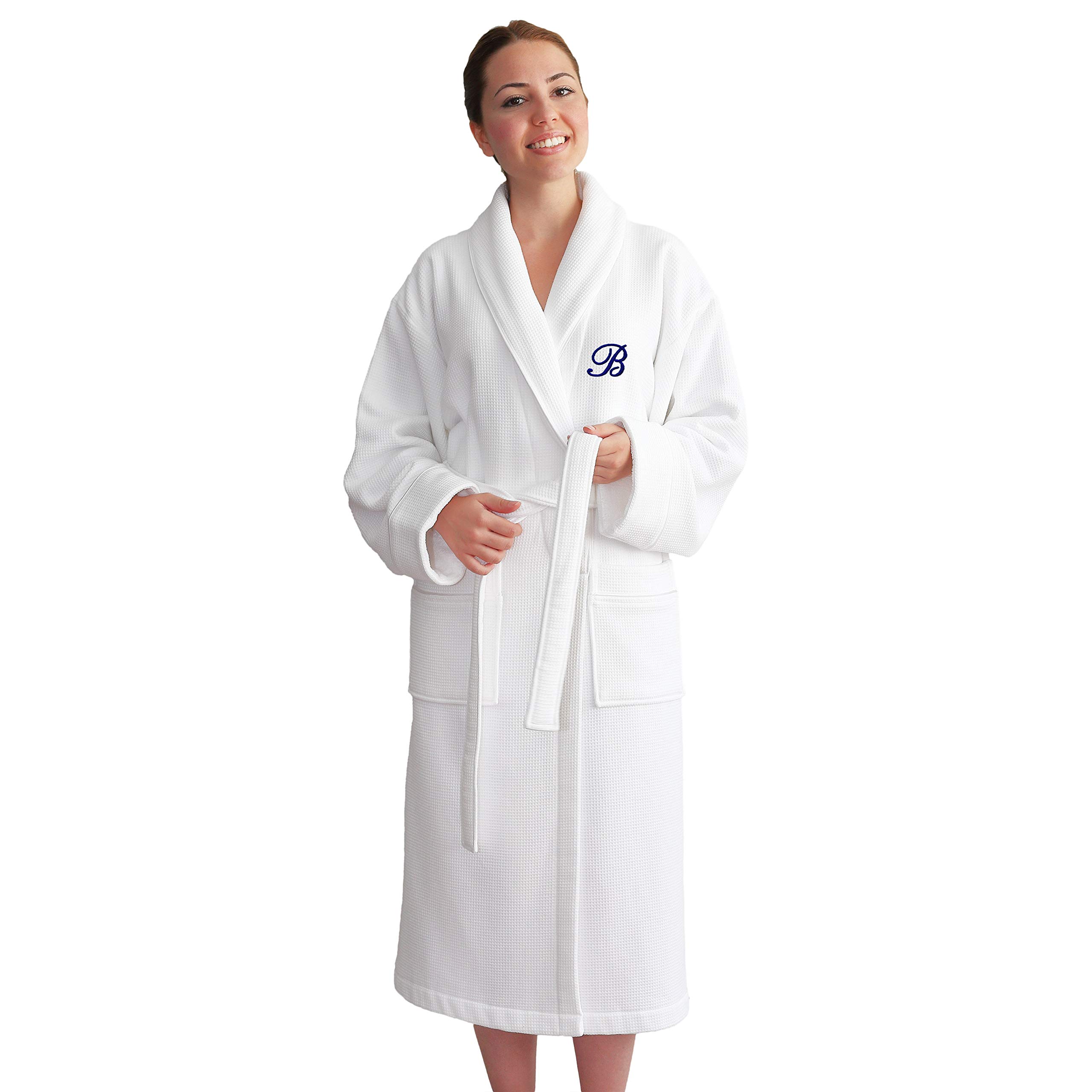 Premium Unisex Navy Blue Monogrammed Turkish Cotton Waffle Weave Terry Bathrobe - White Initials - Size L/XL - Soft & Absorbent for Spa, Hotel & Home Relaxation