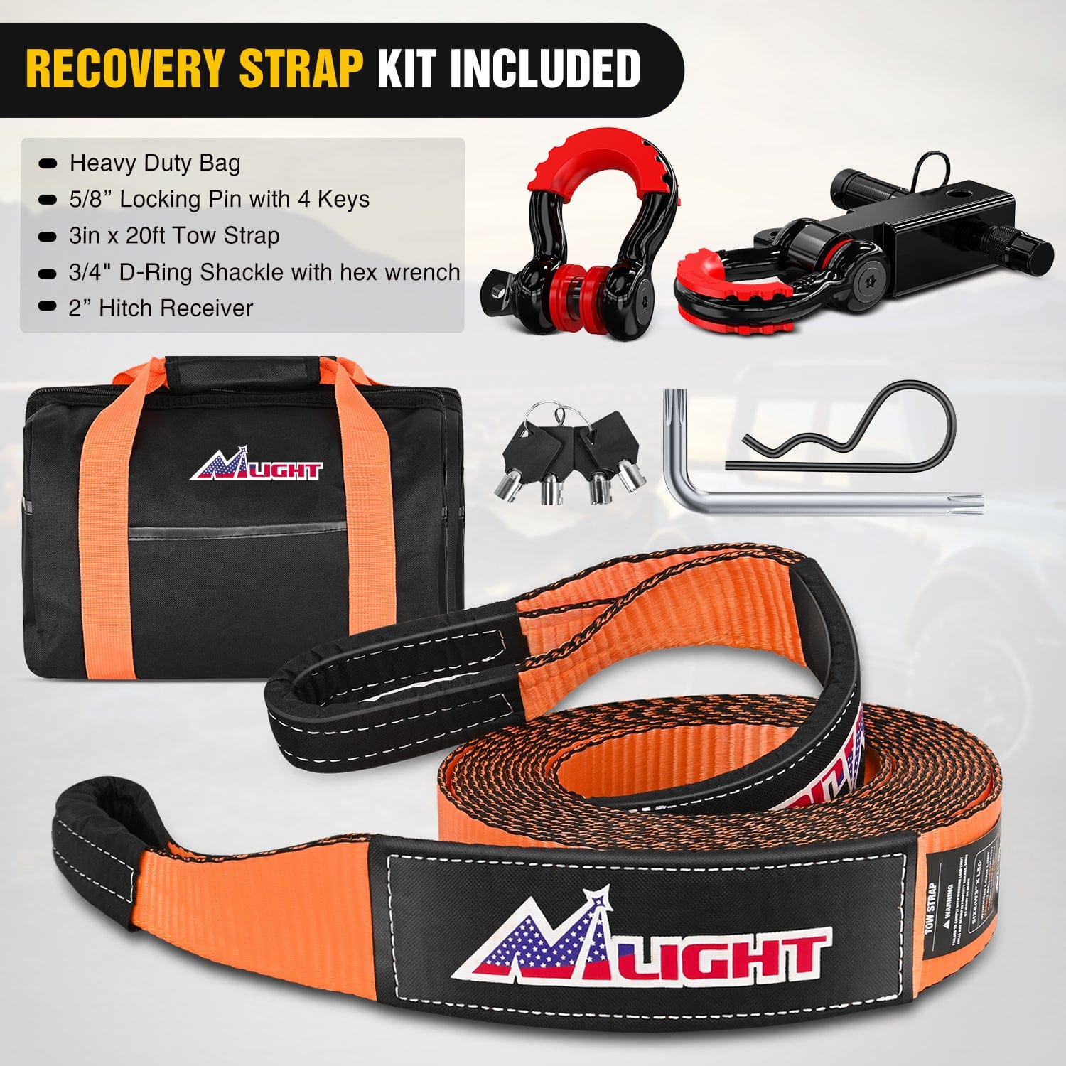 3 x 20 Inch Heavy Duty Recovery Tow Strap Kit with 2-Inch Hitch Receiver & 3/4-Inch Anti-Theft D-Ring Shackles - Off-Road Vehicle Recovery, Truck Towing, Emergency Rescue Accessories