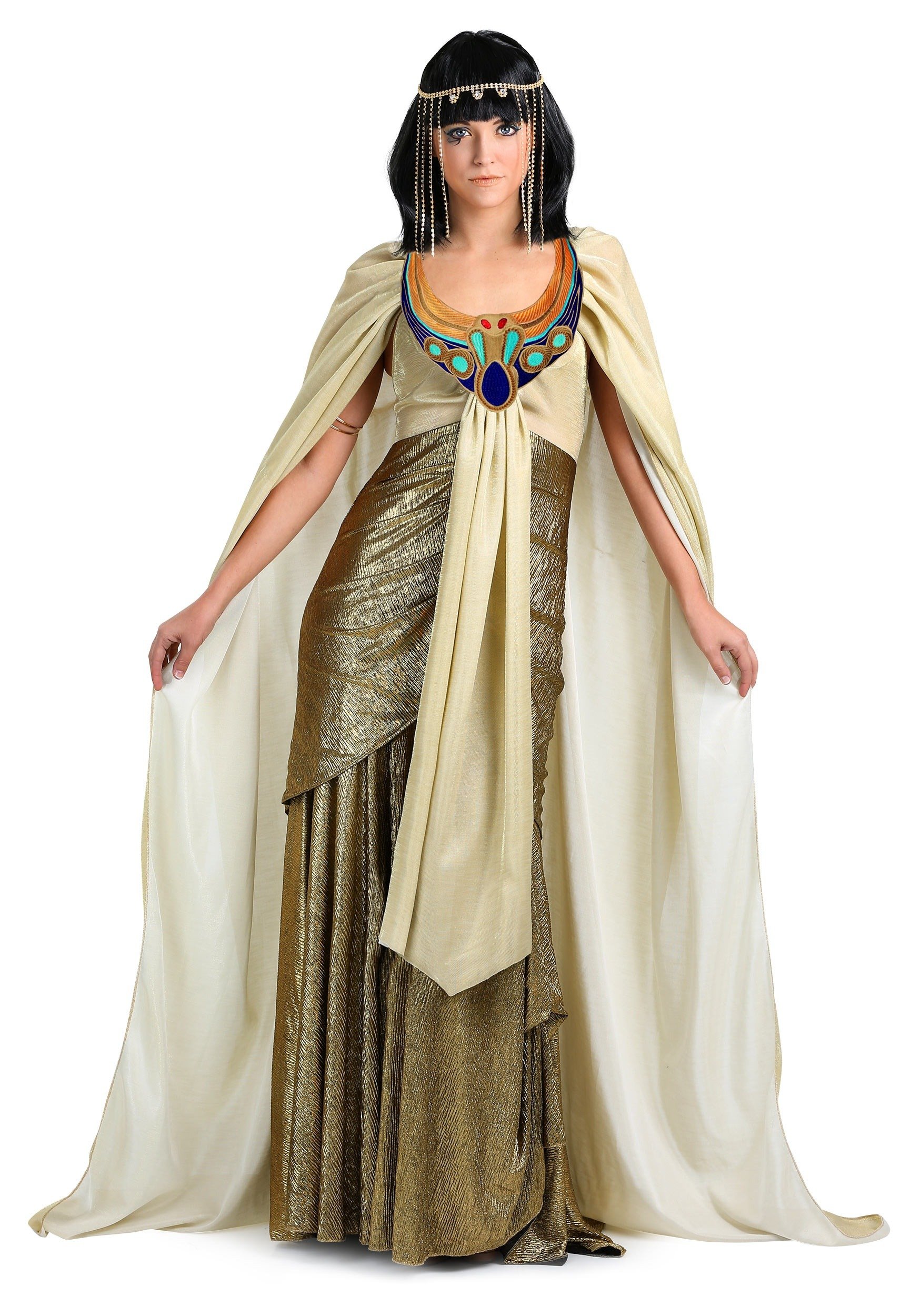 Queen of the Nile Costume for Women - Adult Cleopatra Outfit with Gold Dress, Embroidered Collar & Metallic Cape | Egyptian Goddess Halloween Costume, Cosplay & Themed Party Dress