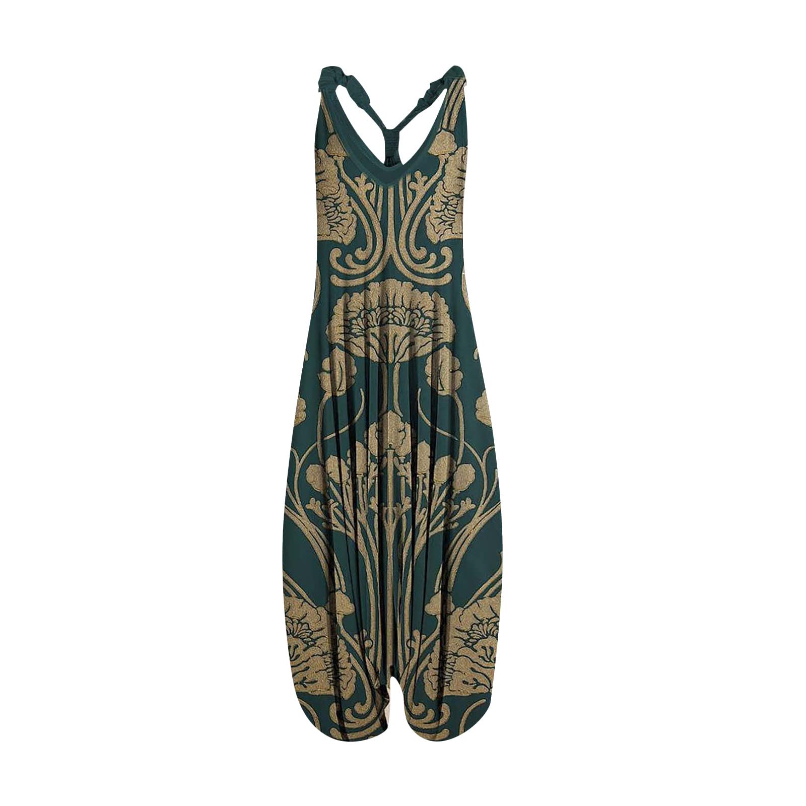 Neferlife Women's Vintage Racerback Harem Jumpsuit - V Neck Off Shoulder Romper with Flowy Pants | Casual Summer Outfit, Beach Cover Up, Boho Festival Wear, Lounge Pajamas