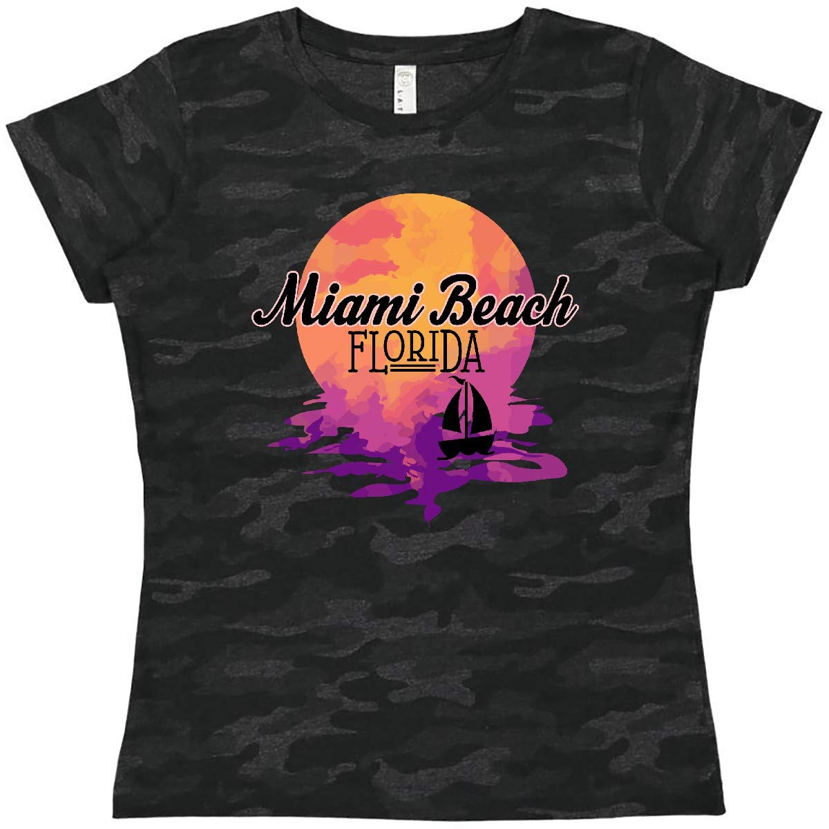 Inktastic Miami Beach Florida Vacation Sunset Women's T-Shirt | Soft Cotton Graphic Tee for Women | Beachwear, Casual Outfit & Summer Vacation Apparel