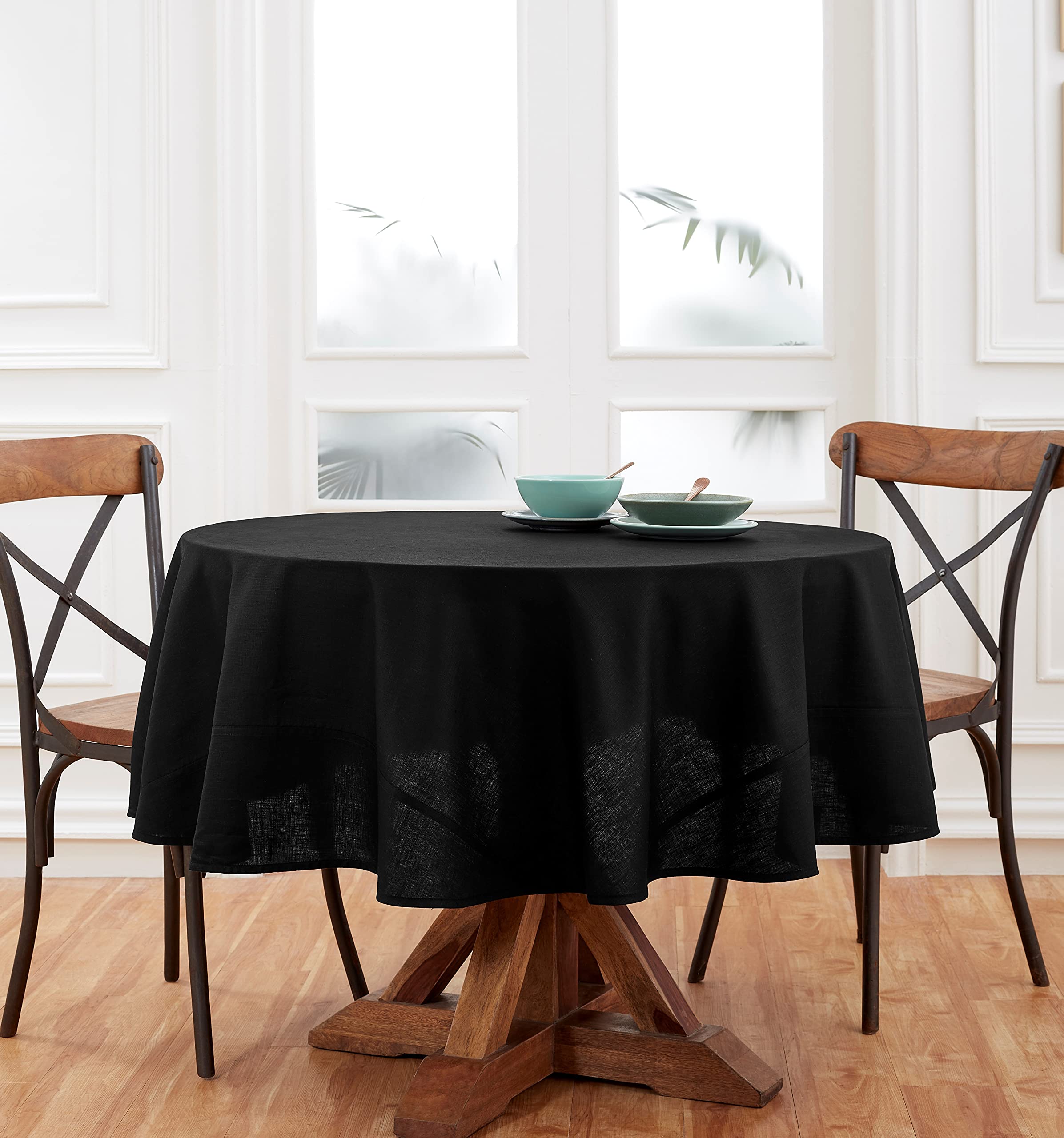 Solino Home 70 Inch Round Halloween Tablecloth - 100% Pure Linen, Machine Washable Black Table Cover for Spooky Dinner Parties & Fall Decorations