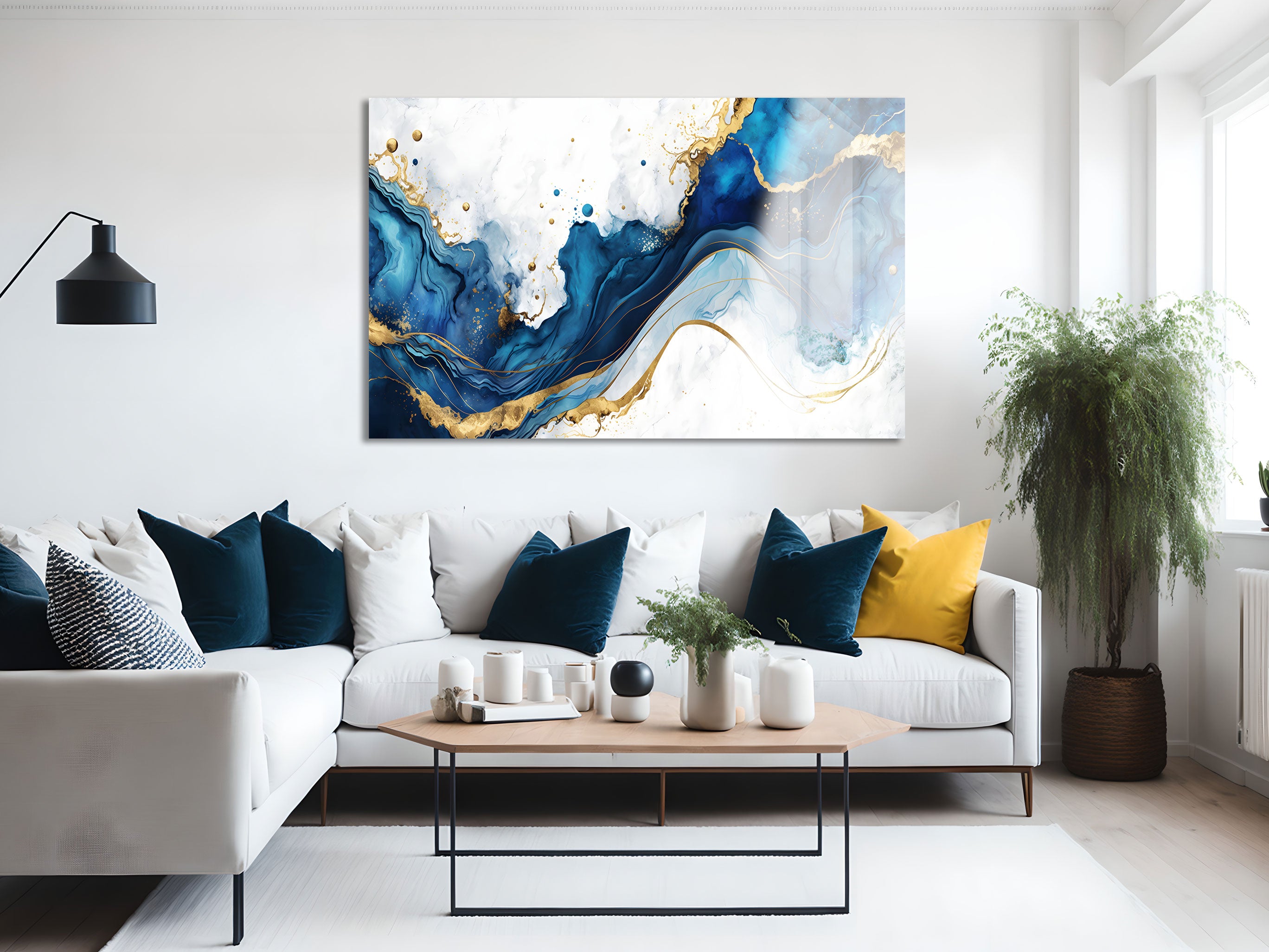 White & Blue Abstract Wall Art - Modern Canvas Painting for Living Room, Bedroom & Office Decor | Perfect for Home & Office Interior Design