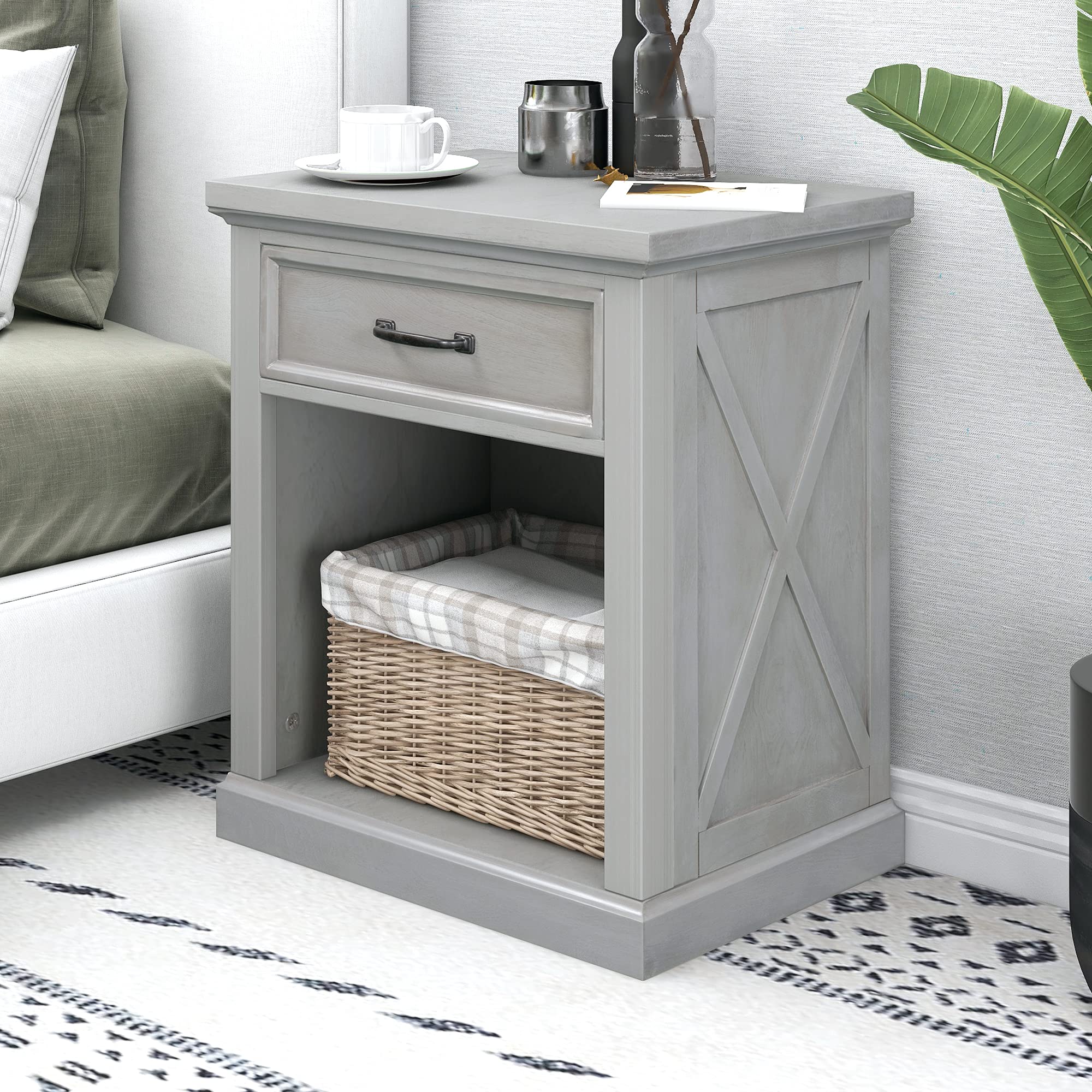 Mid Century Modern Nightstand with Drawer & Shelf - Wooden Bedside End Table for Bedroom Storage | Grey Finish | Perfect for Small Spaces, Apartments & Guest Rooms