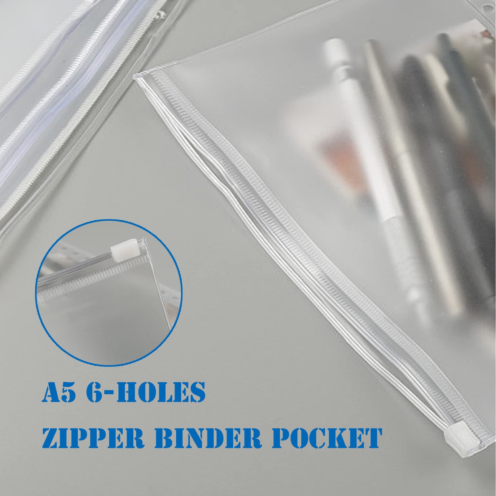 12PCS A5 Size Zipper Binder Pockets - Clear 6-Hole Waterproof PVC Loose Leaf Folders with Lid for Home, Office & School Supplies - Perfect for Organizing Documents, Notes and Stationery