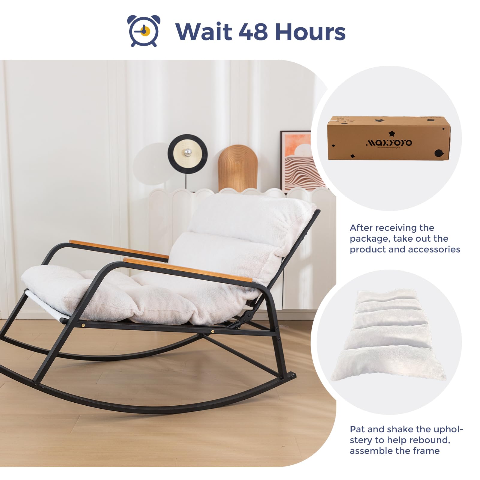 MAXYOYO Boucle Rocking Chair with Adjustable Backrest - Extra Wide Glider Recliner for Living Room, Nursery & Outdoor - Soft Beige Fabric - Perfect for Relaxing, Nursing & Reading