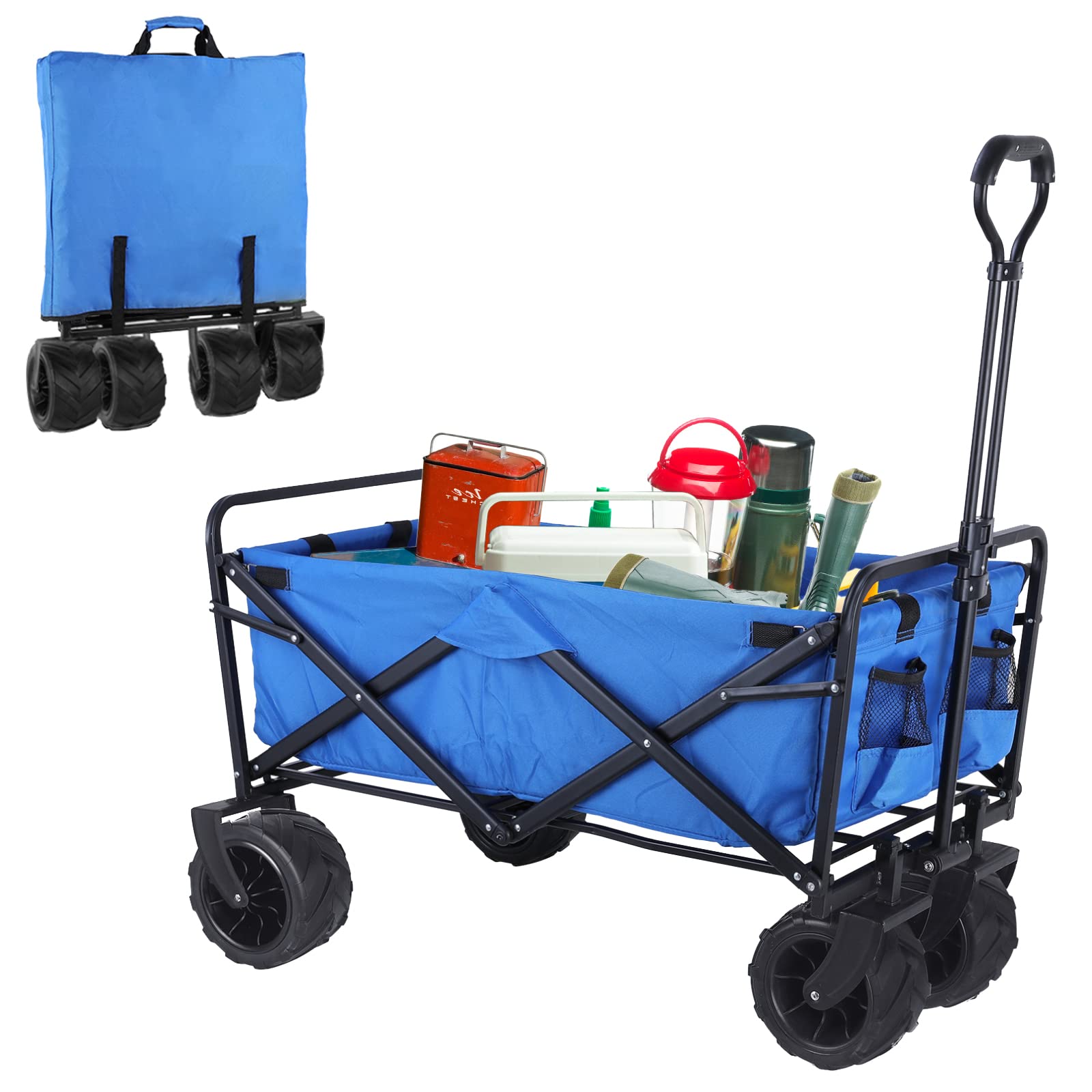 **AthLike Heavy Duty Collapsible Beach Wagon Cart - All-Terrain Wheels, 170 LBS Capacity, Portable Folding Utility Wagon for Camping, Shopping, Gardening & Outdoor Adventures (Includes Carry Bag & Drink Holders)**