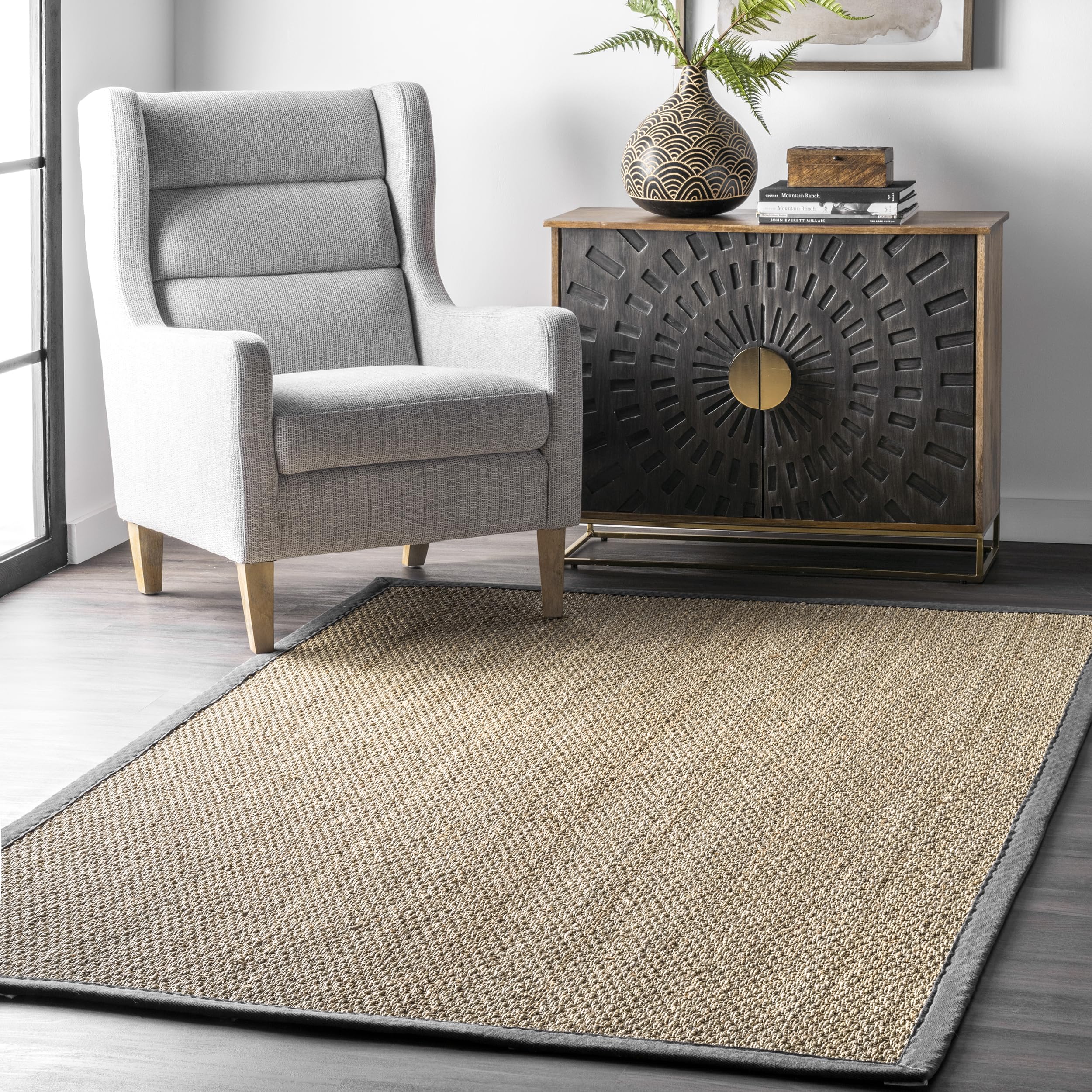 nuLOOM 5x8 Elijah Seagrass Area Rug - Dark Grey Farmhouse Style Cotton Bordered Basketweave Natural Fiber Rug for Bedroom, Dining Room, Living Room, Hallway, Office, Kitchen & Entryway | Cozy Home Decor & Boho Chic Interior Design