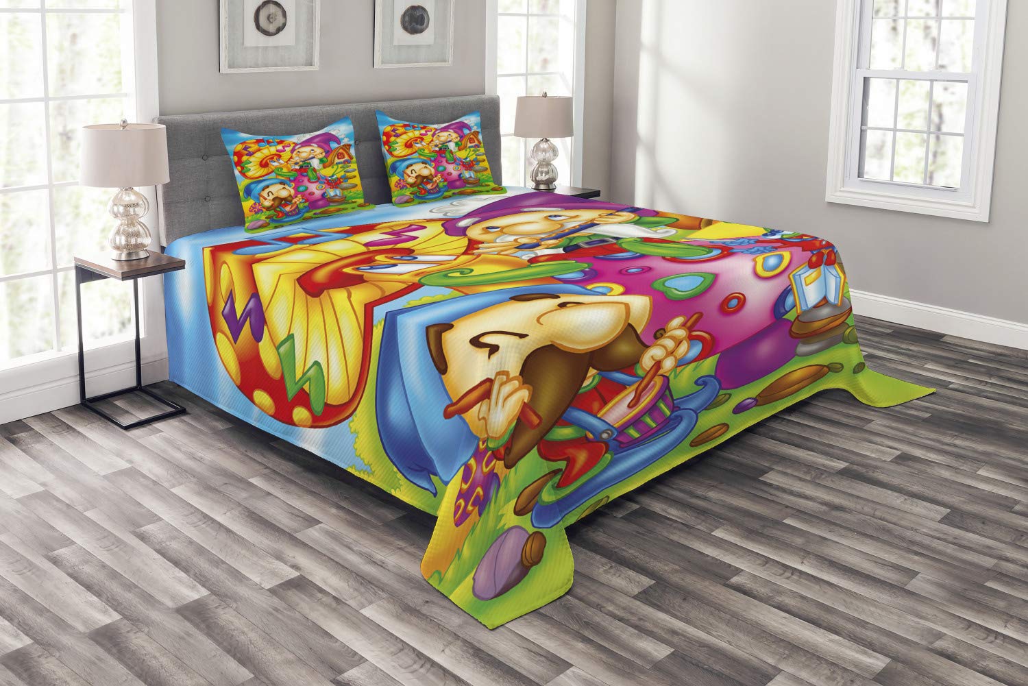 Ambesonne Fantasy Bedspread Set - Cartoon Singing Elves with Mushroom Playing Flute Musical Cheerful Illustration, 3-Piece Decorative Bedding Coverlet with 2 Pillow Shams, King Size Multicolor | Whimsical Bedroom Decor for Holidays & Fantasy Themed Rooms