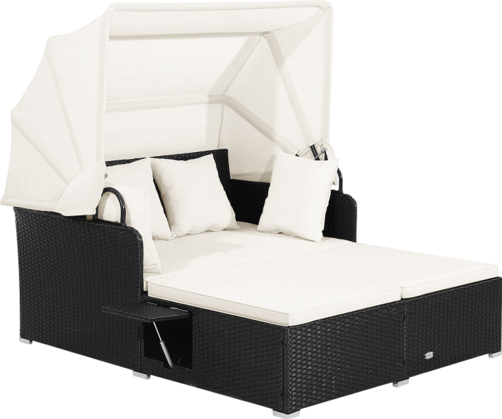 Costway Outdoor Patio Rattan Daybed with Retractable Canopy & Side Tables - Black - Perfect for Poolside Lounging, Garden Relaxation & Backyard Sunbathing