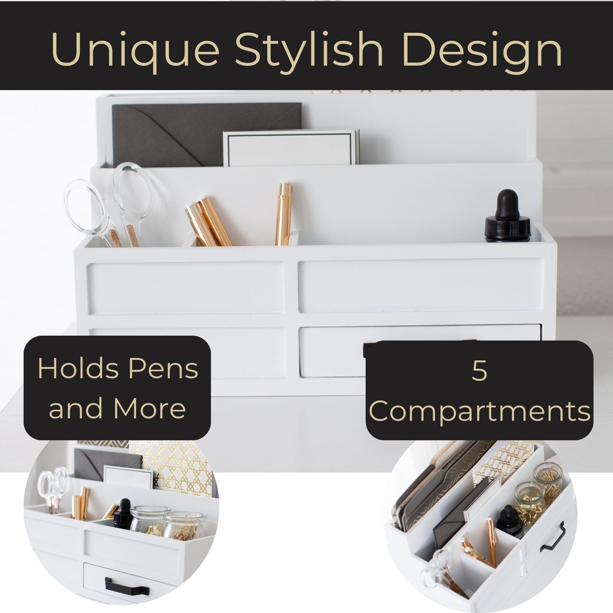 BLU MONACO White Wooden Desktop Organizer with Drawer - Office Desk Paper Tray for Bills, Mail & Documents - Perfect for Home Office, Workspace & Countertop Organization