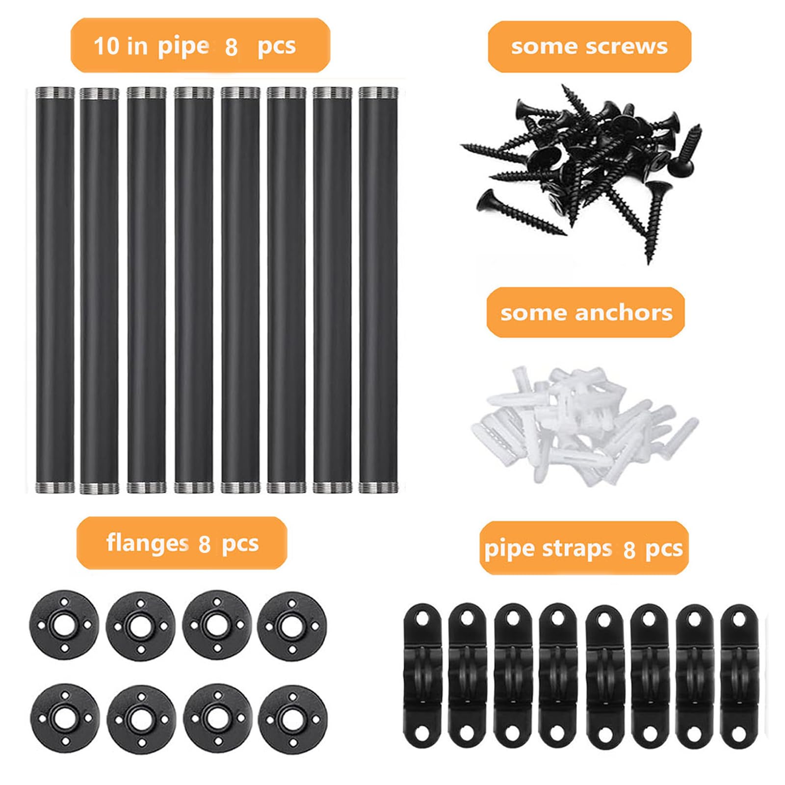 Industrial Black Iron Pipe Shelf Brackets 10 Inch - Heavy Duty Wall Mount DIY Shelving Brackets for Rustic Home Decor, Clothing Rack & Pipe Decor (8 Pack with Hardware) - Perfect for Living Room, Bedroom & Garage Storage