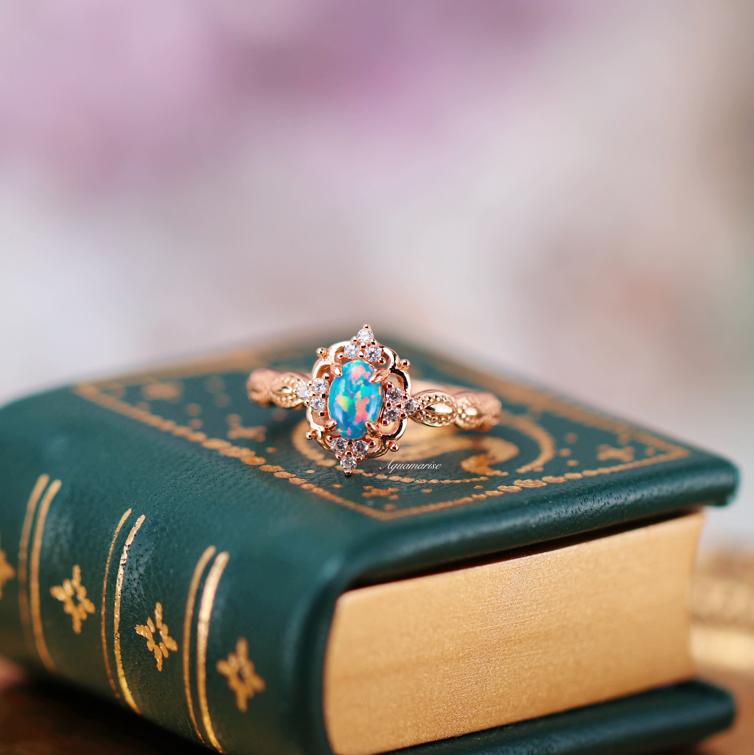 Vintage Blue Fire Opal Engagement Ring 14K Solid Rose Gold - Elegant Wedding Jewelry for Brides, Anniversary Gifts & Special Occasions