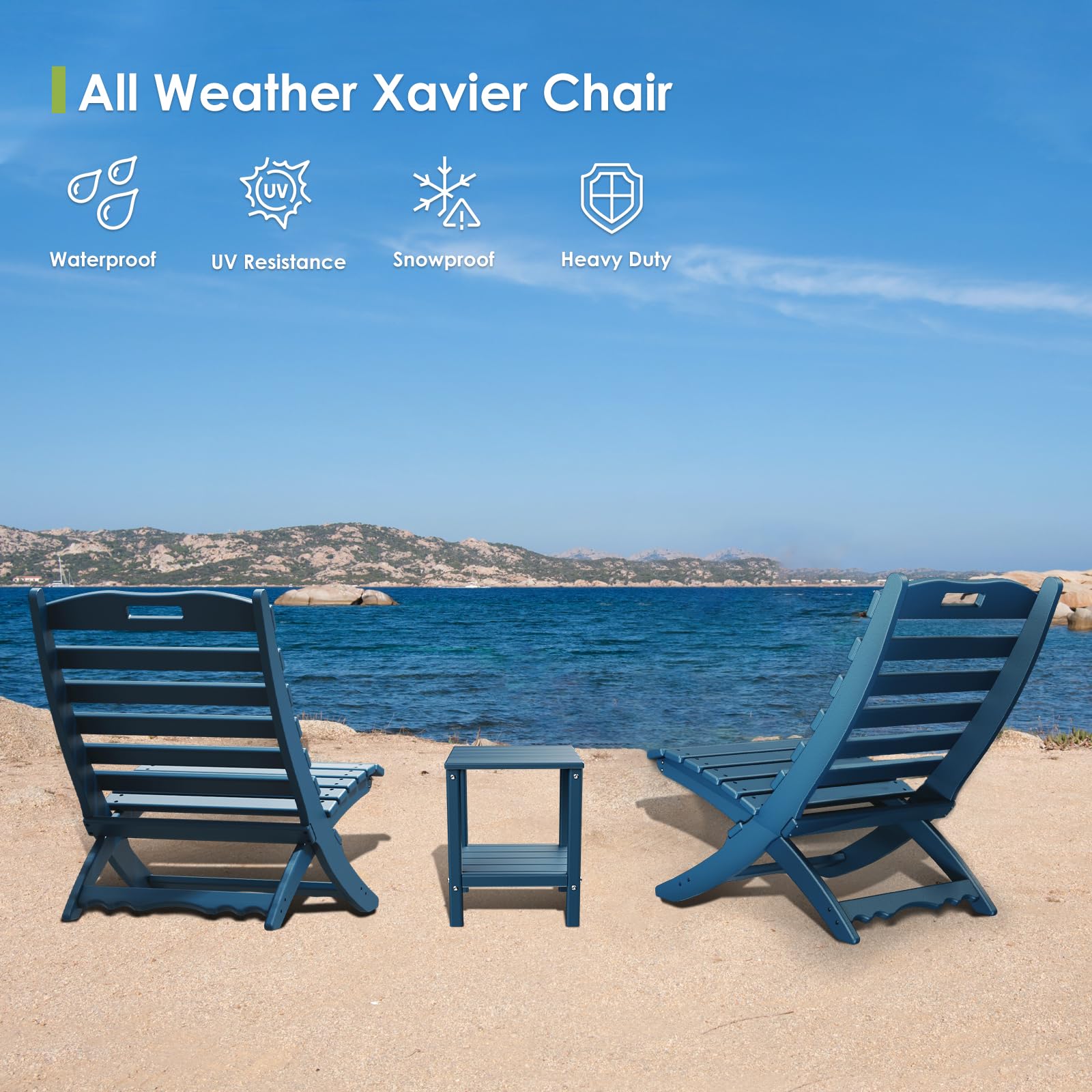4-Pack Folding Xavier Chairs | Wave Design Portable Adirondack Chairs | HDPE Plastic All-Weather Outdoor Chairs | Blue Fire Pit Seating for Beach, Poolside, Deck, Garden, Patio & Fishing Trips | Durable & Lightweight for Camping, Backyard BBQs and Outdoor Relaxation