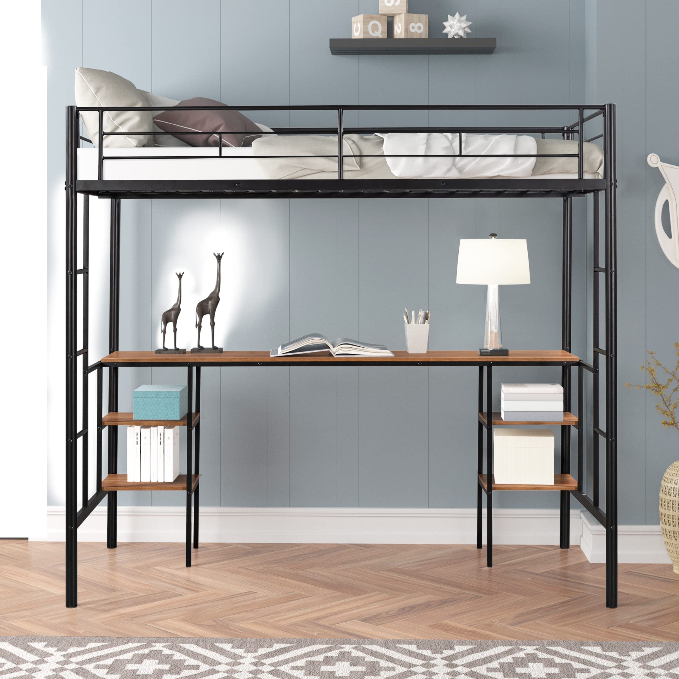 Metal Twin Loft Desk with Shelves & Storage - Sturdy Black Metal Loft Bed Desk for Small Spaces - Perfect for Dorm Rooms, Home Offices & Studio Apartments
