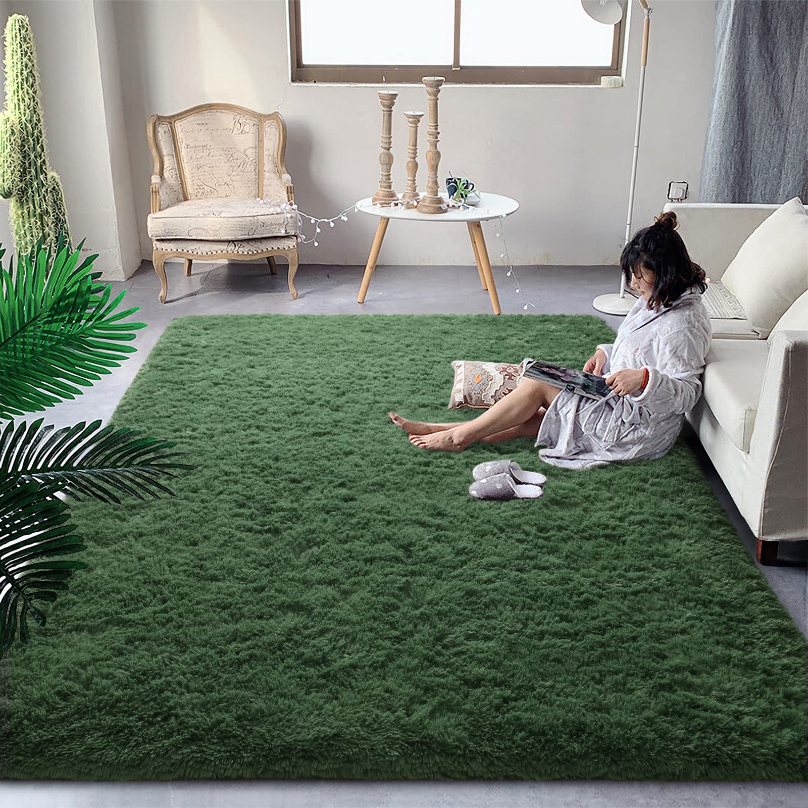 DweIke Fluffy Dark Green Shaggy Area Rug - 4x6 Feet Soft Plush Carpet for Bedroom, Living Room, Nursery | Non-Slip Washable Floor Mat for Kids, Boys & Girls | Perfect for Cozy Home Decor, Playroom & Baby Room
