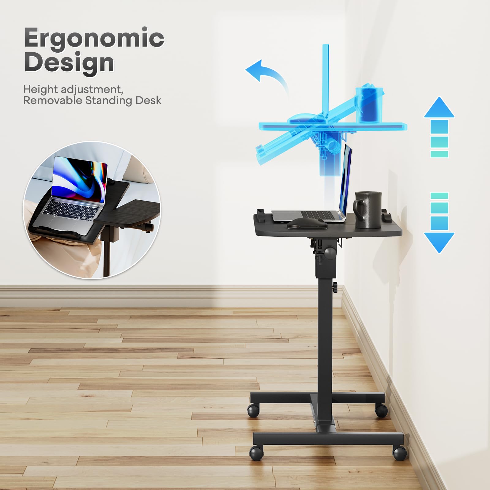 Adjustable Height Rolling Laptop Stand Cart - Mobile Portable Sit to Stand Desk Workstation for Home Office (Black) | Perfect for Small Spaces, Remote Work & Ergonomic Computing Setup