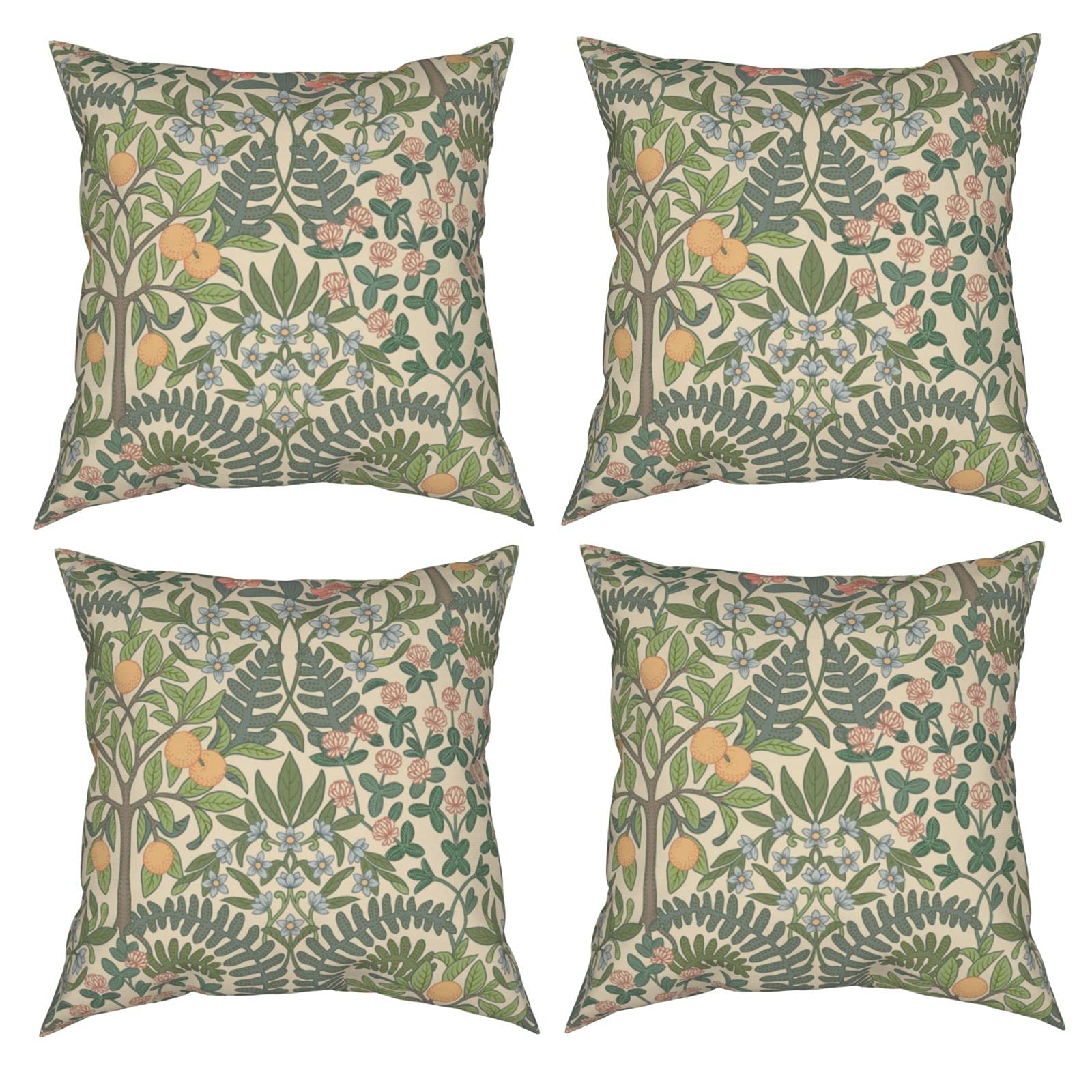 Set of 4 Floral Print Decorative Throw Pillow Covers 16x16 Inches - Soft Cotton Square Cushion Cases for Sofa, Bed, Living Room & Home Decor