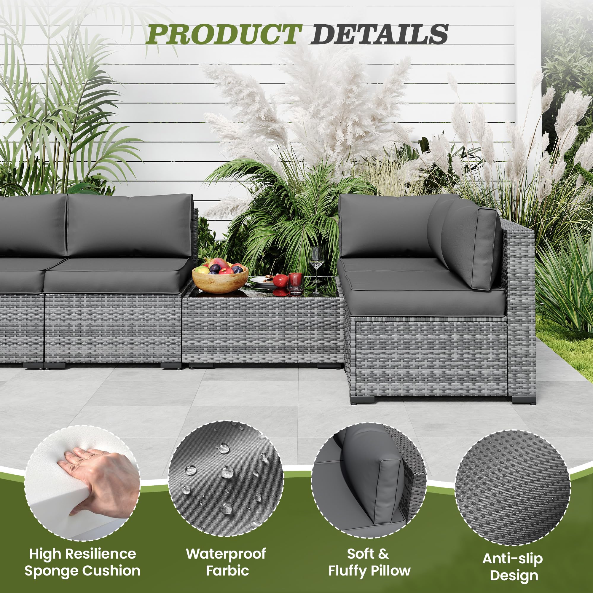 Amopatio 14-Piece Waterproof Outdoor Sofa Cushions Set for 6-Seat Patio Sectional - Quick-Dry, Non-Slip, All-Weather Replacement Cushions with Eco-Friendly Oeko-TEX Certified Fabric (Grey) - Perfect for Backyard, Poolside & Garden Furniture