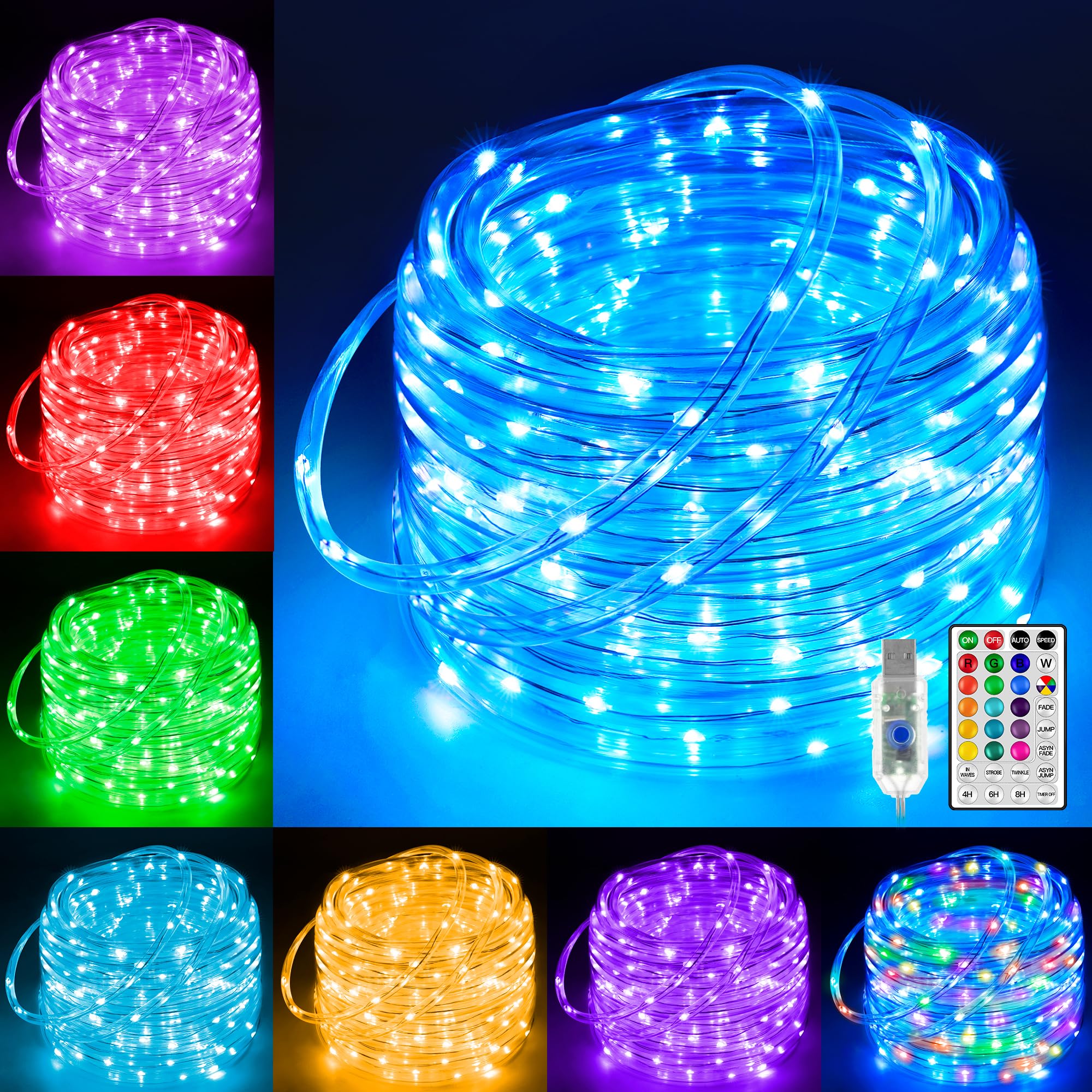 Ollny 33FT 100 LED Color Changing Rope Lights - USB Powered Waterproof Outdoor String Lights with Remote (18 Colors) for Bedroom, Garden, Party, Wedding & Holiday Decorations | Perfect for Indoor/Outdoor Lighting, Landscape Accents, and Festive Events
