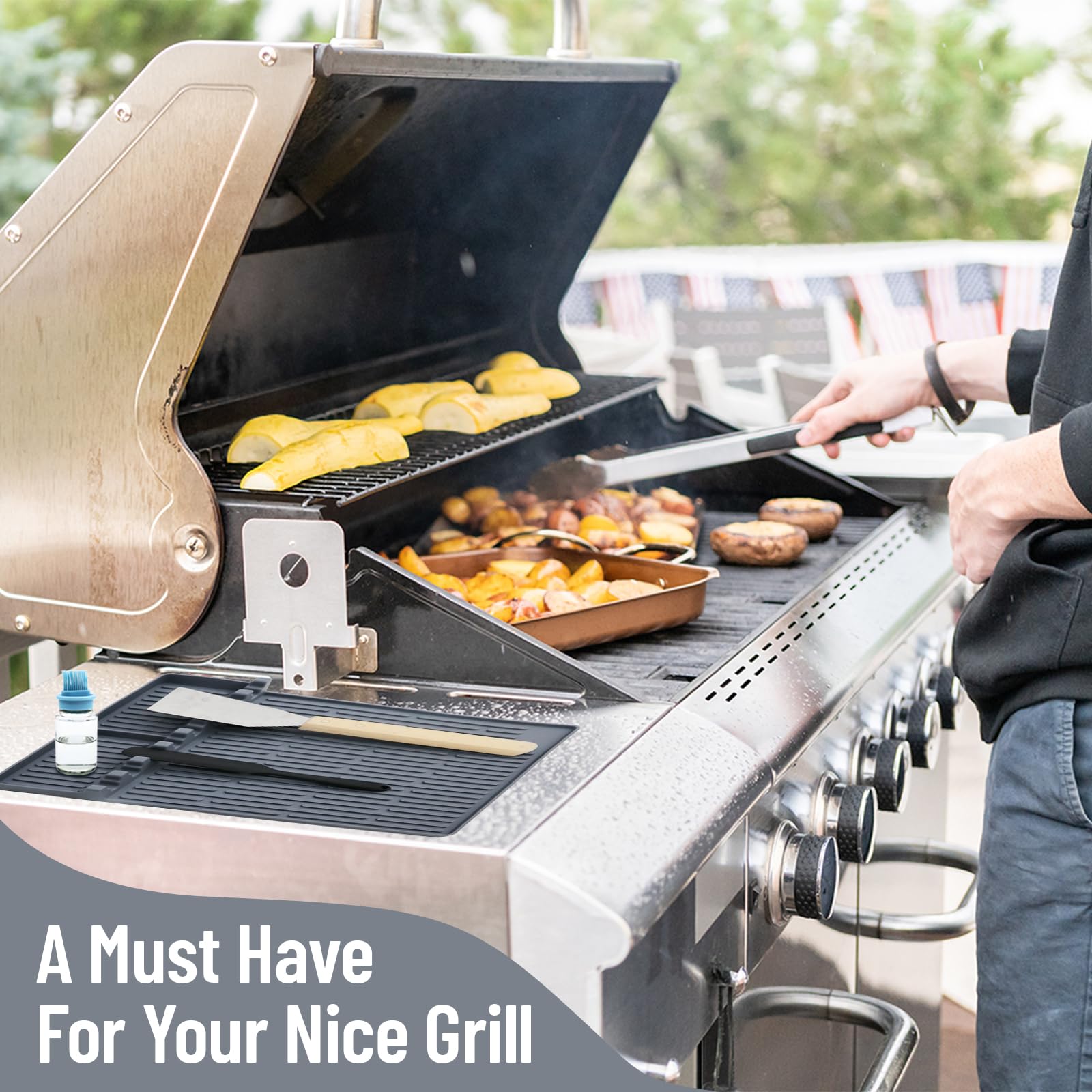 Premium Silicone Griddle Mat & Spatula Holder for Blackstone Grills - Heat-Resistant BBQ Grill Mats, Non-Stick Baking Mats & Food Prep Trays for Outdoor Cooking, Camping & Backyard Parties (Gray) - Perfect for Grilling, Baking & Kitchen Counter Protection