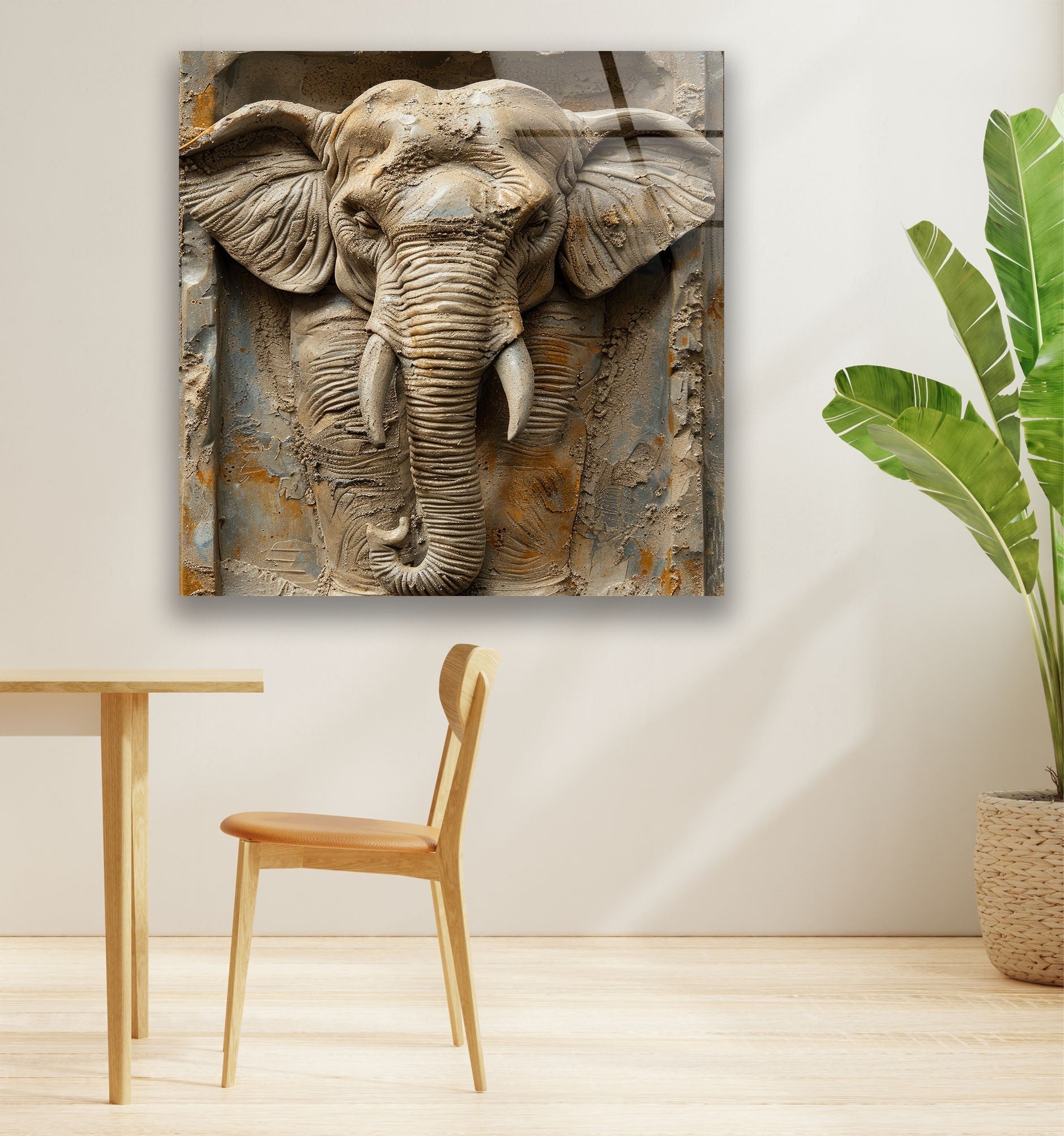 3D Elephant Stone Art Glass Wall Decor - Handmade Modern Home Decor for Living Room, Bedroom, Office - Unique Gift Idea for Animal Lovers
