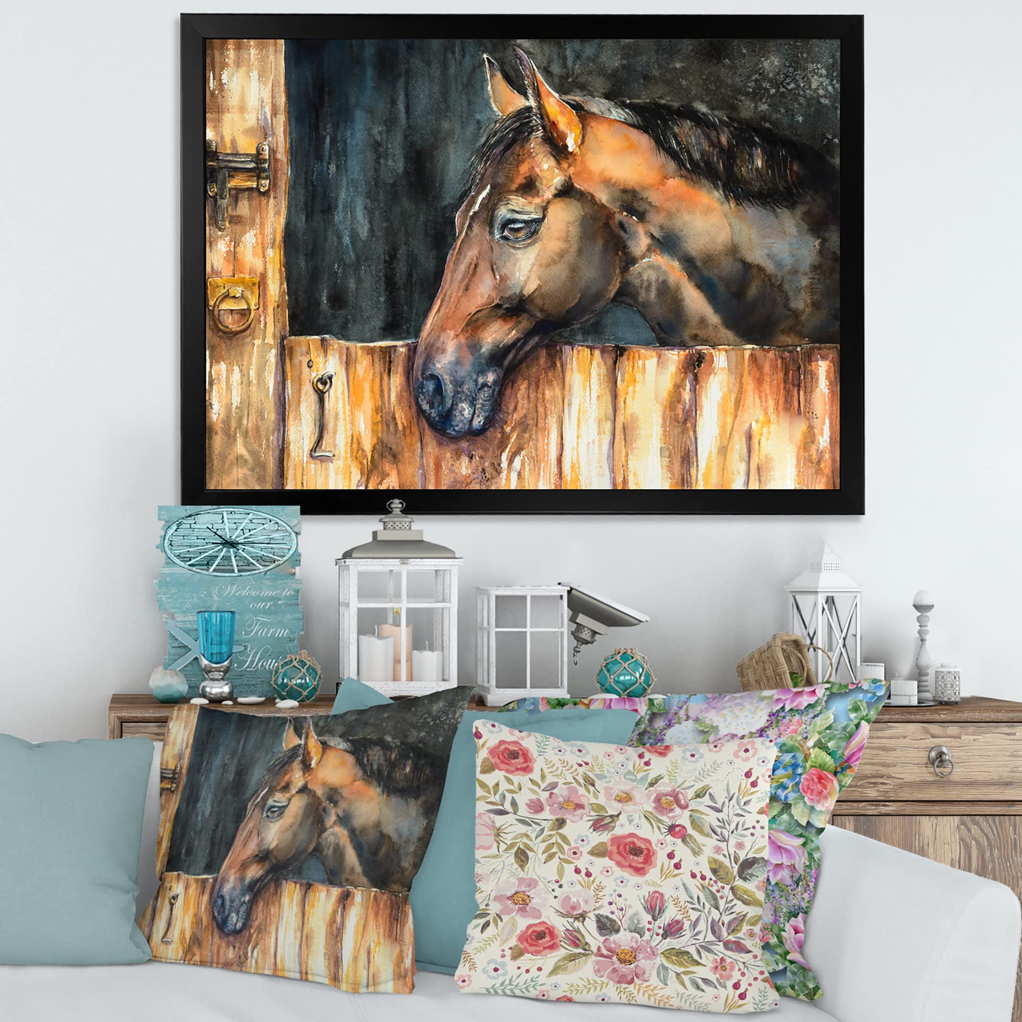 DesignQ Horse Head Stable Farmhouse Framed Wall Art - Rustic Home Decor for Living Room, Bedroom & Office