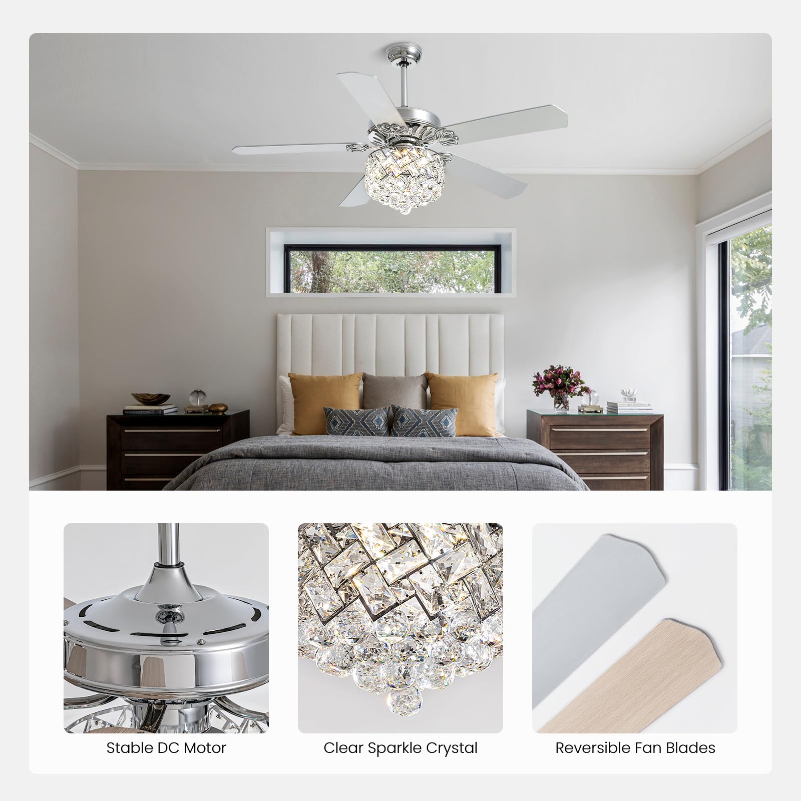 CROSSIO 52 Inch Modern Crystal Ceiling Fan with Dimmable LED Light - Remote Control Reversible Chandelier Fan for Bedroom, Living Room & Dining Room - Chrome Finish - Energy Efficient Cooling & Stylish Home Decor