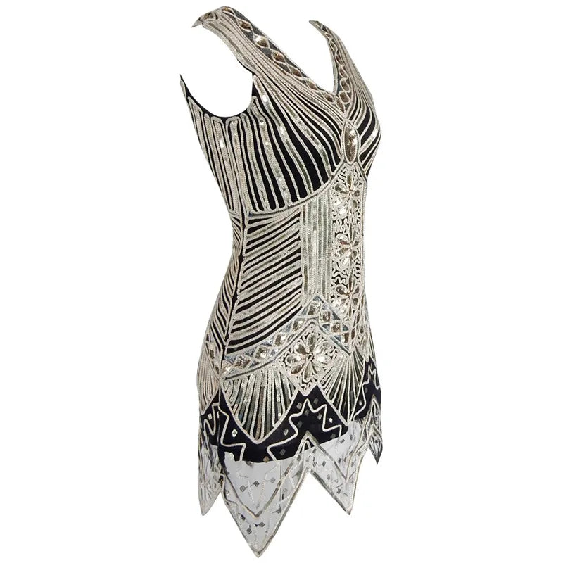 1920s Women's Sequin Flapper Dress - Gold Thread Embroidery & Tassel Details - Sleeveless Vintage Gatsby Party Dress - Perfect for Roaring 20s Themed Events, Costume Parties & Jazz Age Celebrations