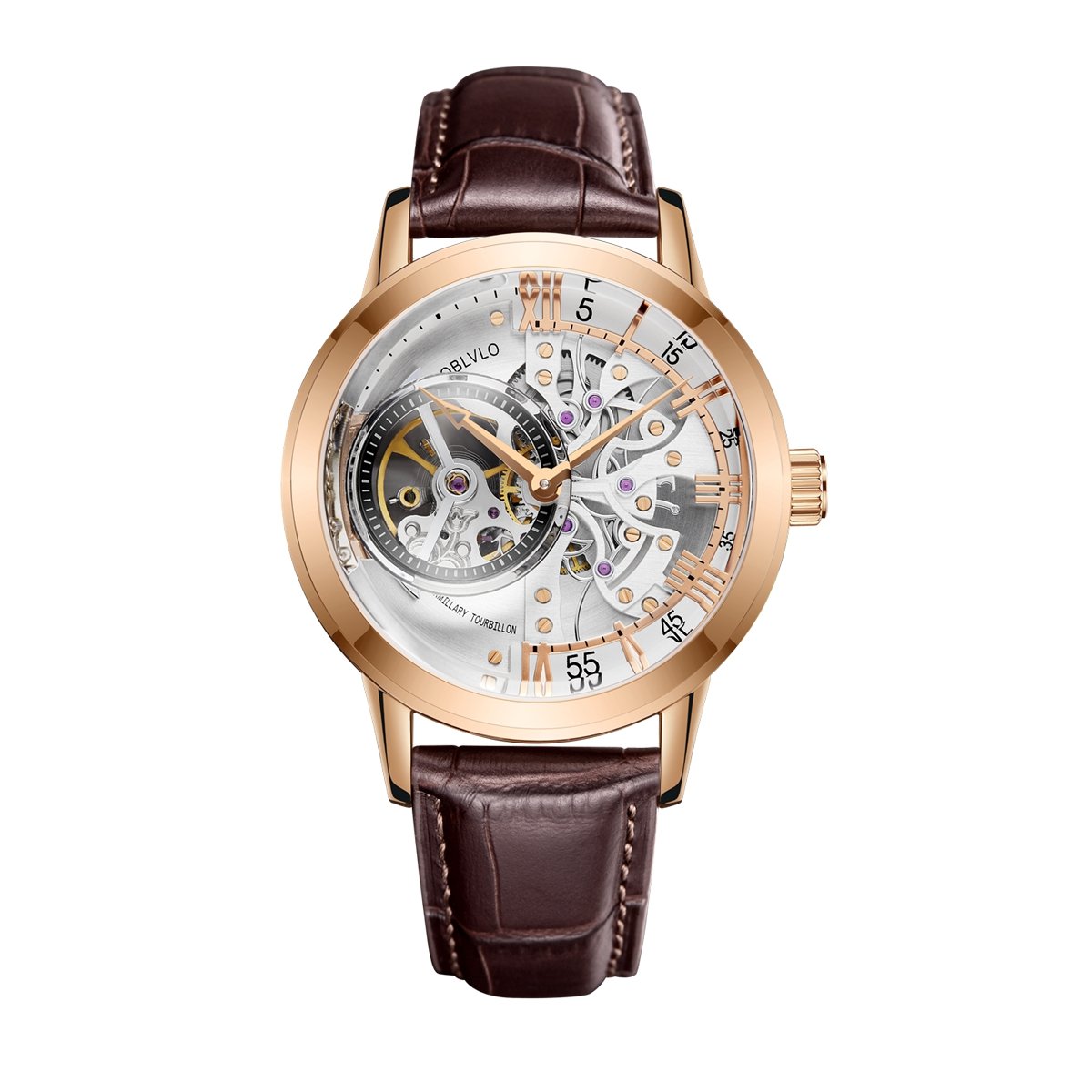 OBLVLO Luxury Rose Gold Men's Automatic Watch with Skeleton Dial & Genuine Leather Strap - VM-1 - Perfect for Business, Formal Events & Gift Giving