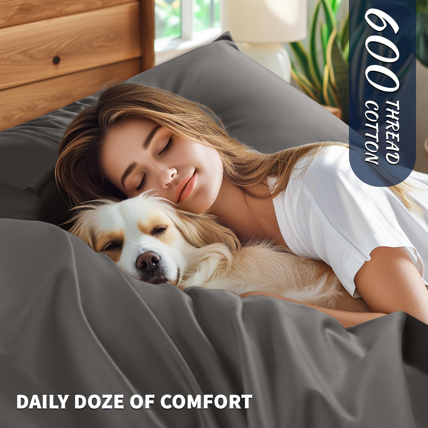 Premium 100% Egyptian Cotton Queen Size Sheet Set - 600 Thread Count Luxury Bedding, Breathable & Cooling 5-Star Hotel Quality Sheets with 16