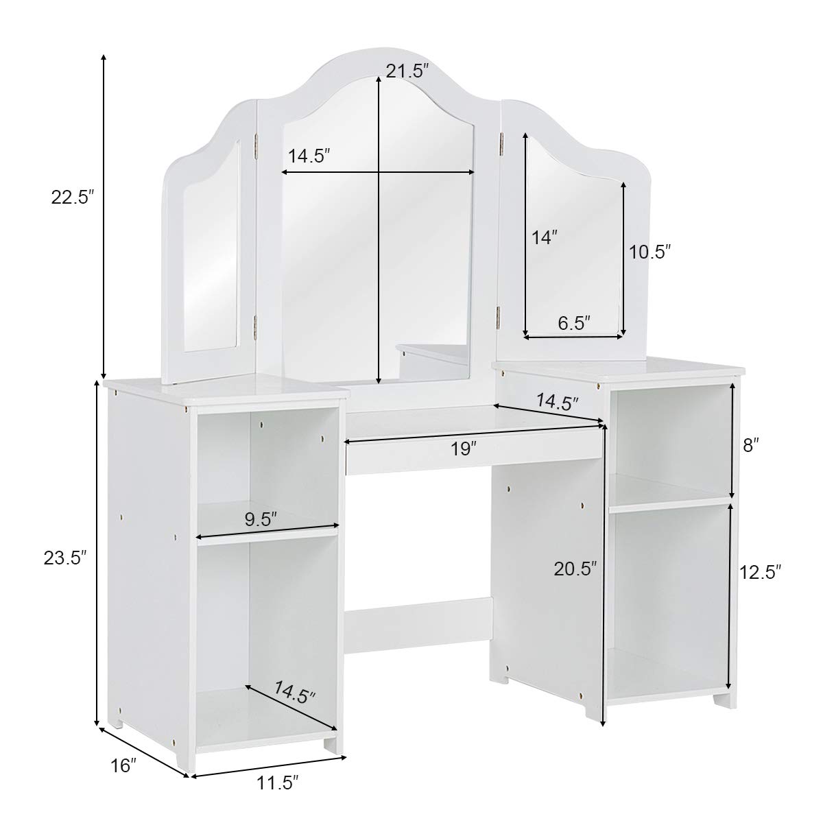 GOFLAME Kids Vanity Table with Writing Desk - 2 in 1 Detachable Princess Style Vanity Set, White MDF with Plastic Mirror, 42