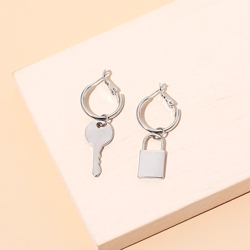Unique Silver Plated Asymmetric Padlock & Key Dangle Hoop Earrings for Women - Geometric Punk Edgy Aesthetic Jewelry - Perfect for Parties, Concerts and Everyday Fashion Statement