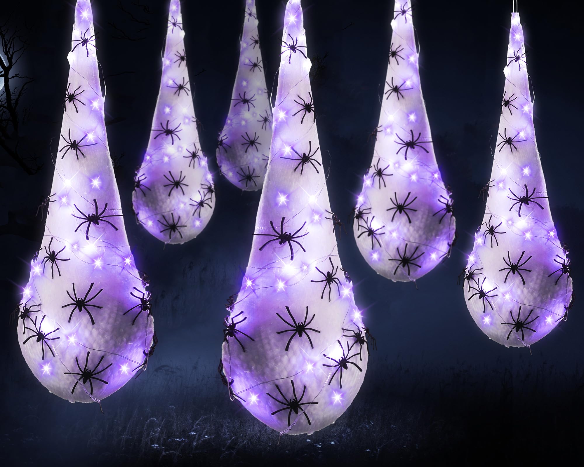6 Pack Halloween Light-Up Spider Egg Sac Decorations - Large Realistic Hanging Spider Egg Sacs with LED Lights for Haunted House, Yard, Lawn, Tree & Outdoor Party Decor (Purple) - Perfect for Halloween Night, Spooky Parties & Haunted Yard Displays