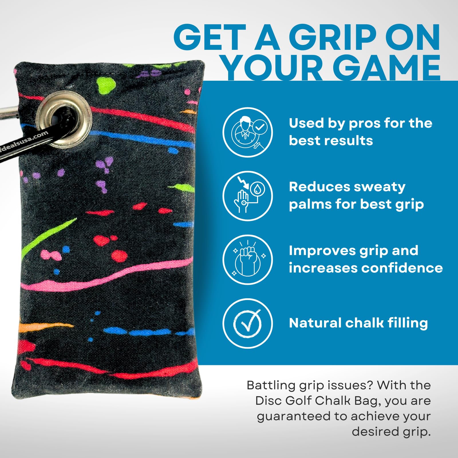 HYZER HOUND DISCS Disc Golf Chalk Bag - Moisture Absorbing Hand Grip Enhancer for Summer Play | Secure Carabiner Attachment | Essential Disc Golf Accessories for Improved Performance | Perfect for Hot Weather & Competitive Tournaments