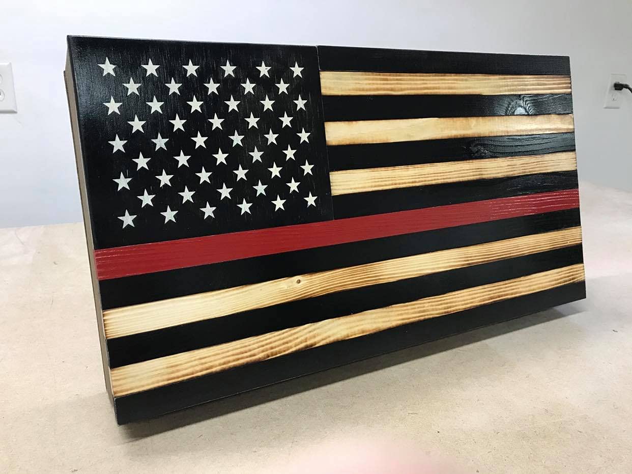Rustic Wood American Flag Concealment Cabinet - Handcrafted Wall Mounted Storage for Guns & Valuables | Perfect for Home, Office & Cabin Decor