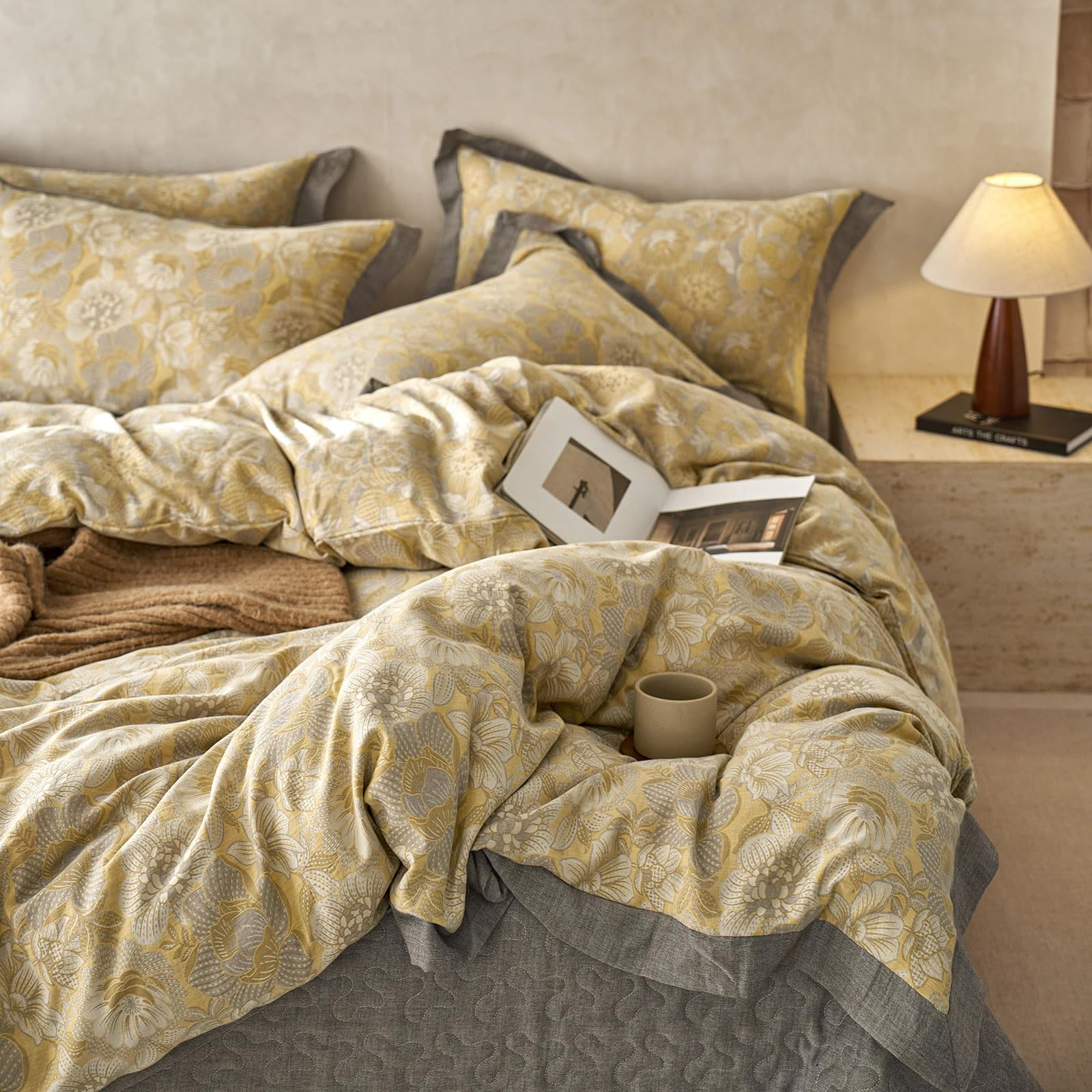 MKXI Golden Floral Twin Duvet Cover Set - 100% Breathable Muslin Gauze, Farmhouse Style Yellow Flower Jacquard Bedding - Soft All-Season Comforter Cover for Cozy Natural Bedroom Decor | Perfect for Guest Rooms, Master Bedrooms & Vacation Homes