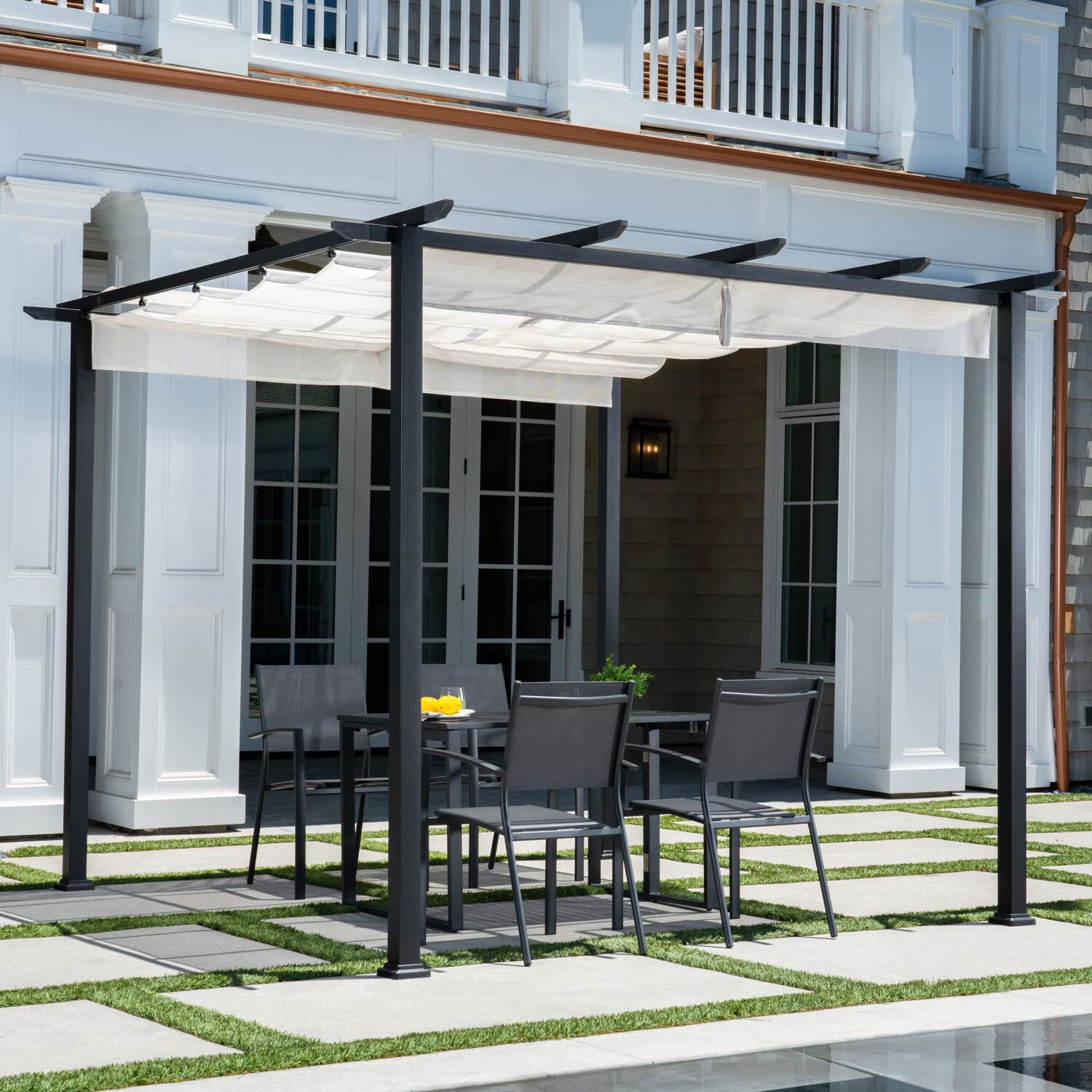 Hanover Reed 9.8' x 9.8' Outdoor Pergola with Adjustable Canopy - Weather Resistant Aluminum Steel Patio Gazebo for Backyard, Garden & Poolside Relaxation